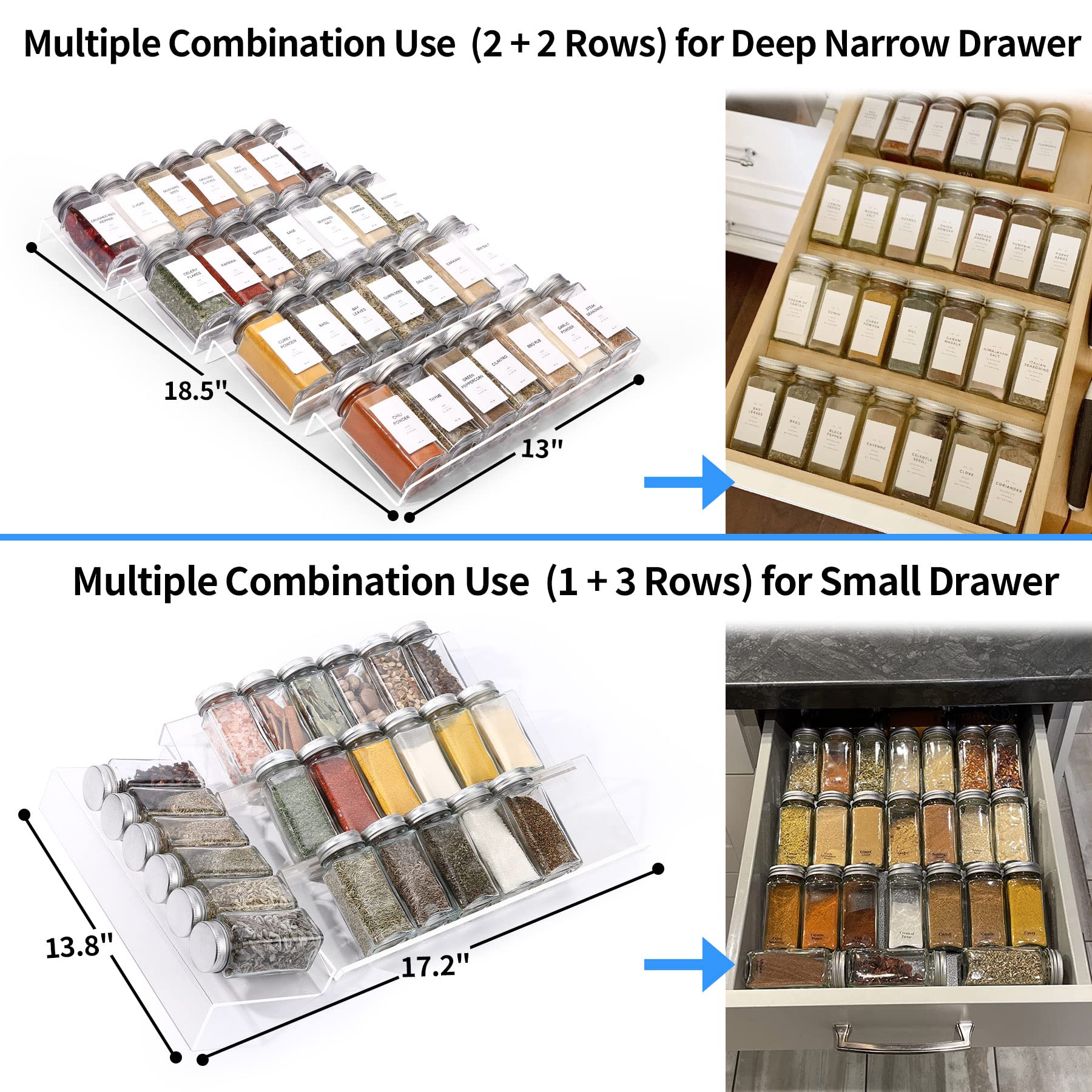 MIUKAA Clear Acrylic Spice Drawer Organizer, 4 Tier Seasoning Jars Drawers Insert, Kitchen Spice Rack Tray for Drawer/Countertop (Jars not included)