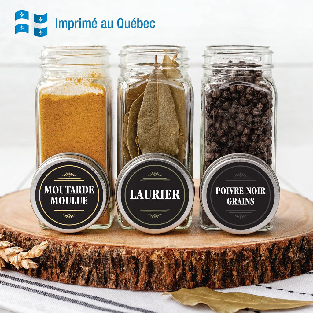 Etiquette epices Francais ; 210 autocollants épices en français ; Etiquette autocollante epice ; résistantes à l'eau et à l'huile 38 mm ; avec autocollants supplémentaires vierges Imprimées au québec