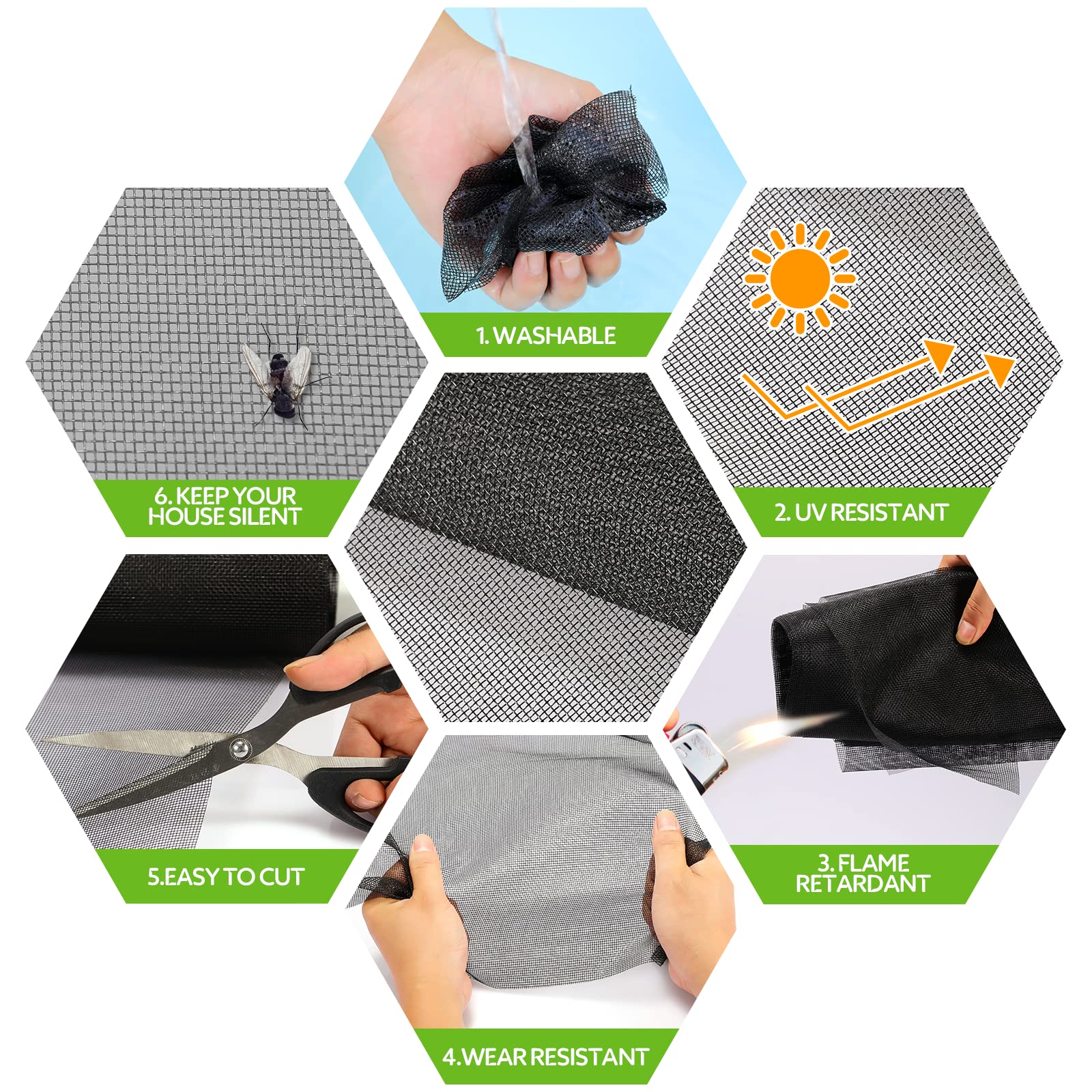 FLYZZZ Screen Door Repair Kit & Window Screen Replacement - 47.2x118inch Fiberglass Mesh with Ergonomic Wooden Roller Tool, 0.14inch Diameter Spline & Measuring Tape (Moustiquaire Rouleau)