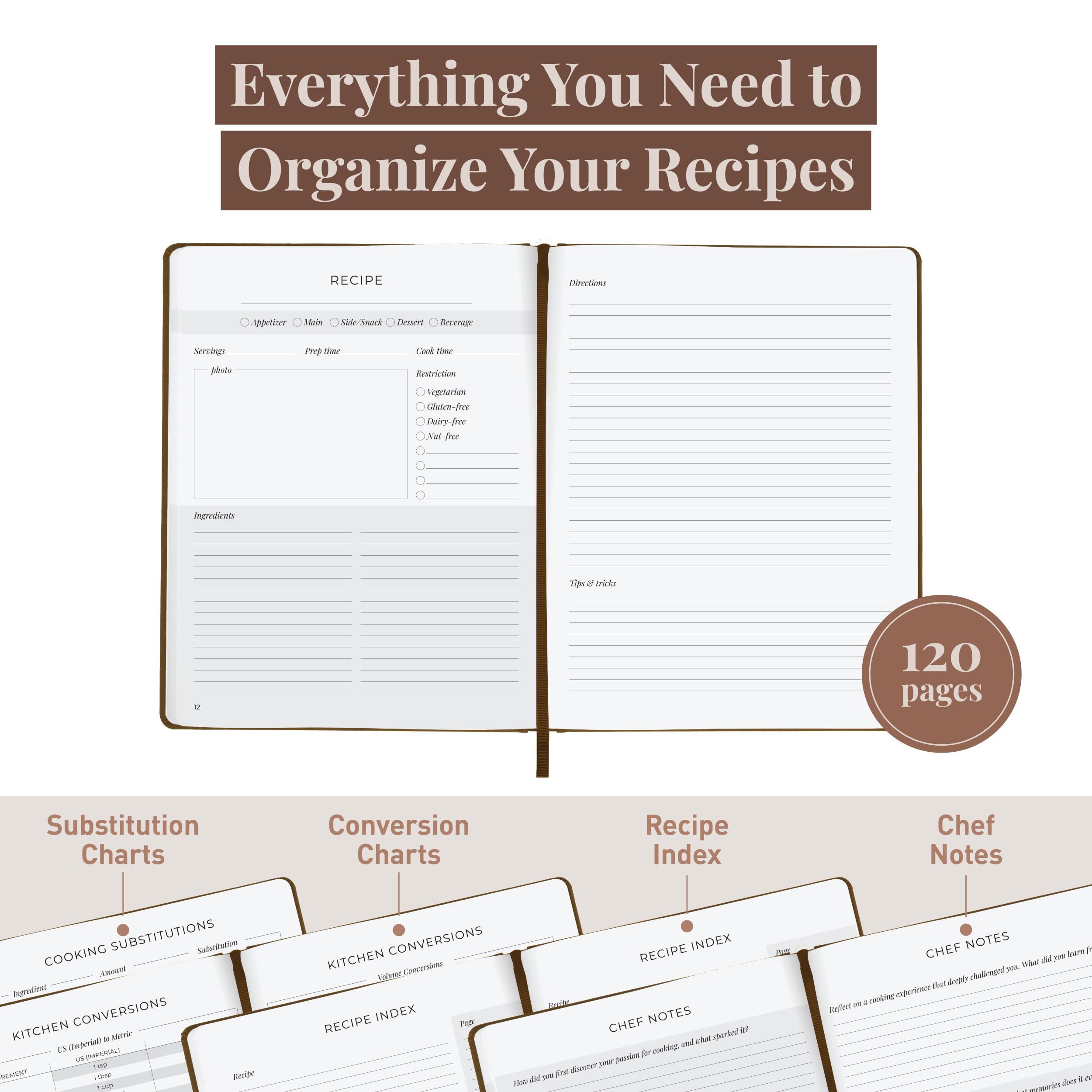 Rileys Blank recipe books to write in your own recipes 21,6 x 28 cm, Hardcover recipe journal for own recipes with conversion chart, notebook journal for handwritten food diary, 120 pages (Brown)