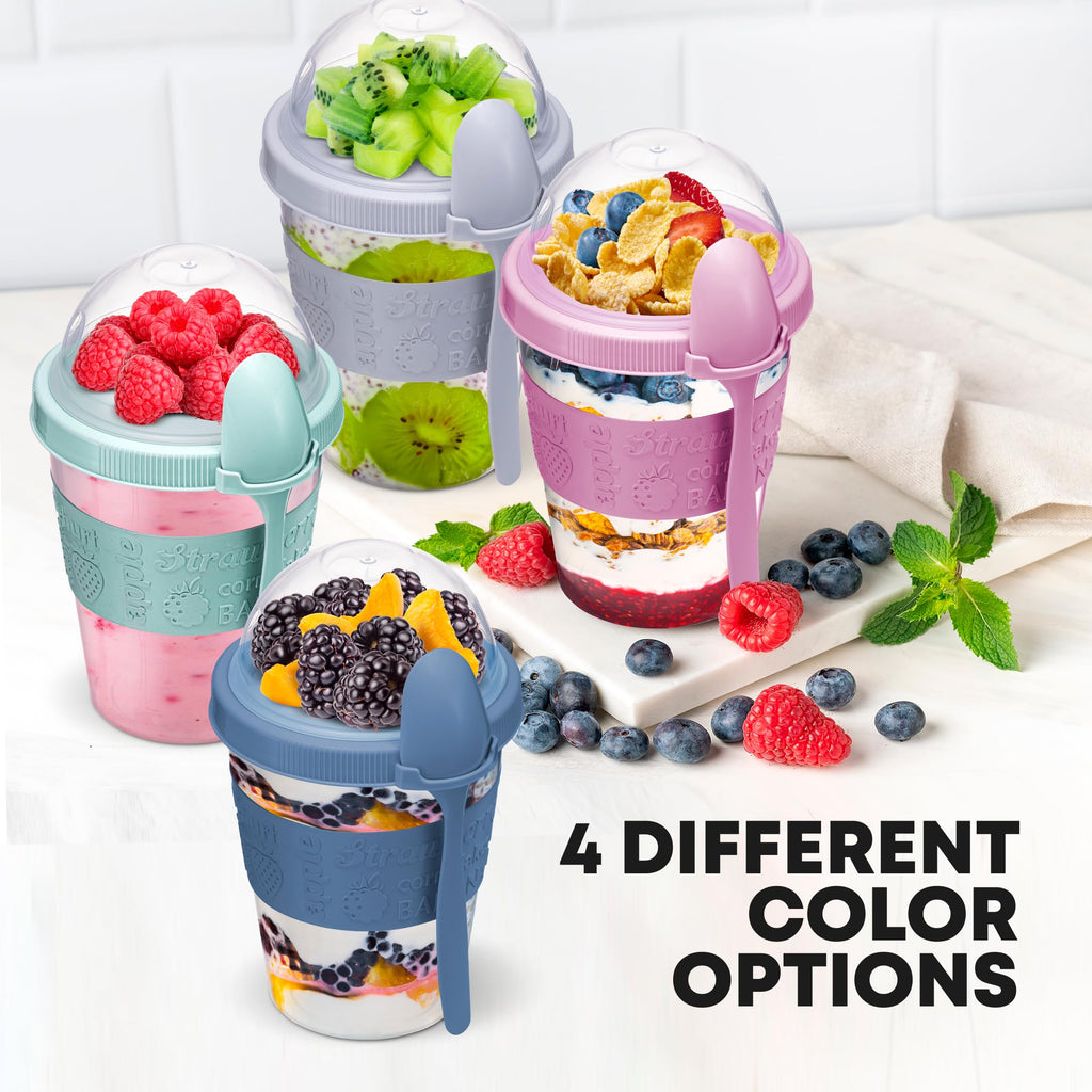 Tribello 4 Pack - On the Go Yogurt Parfait Cups with Lids, Topping Compartment & Spoon, Yogurt/Parfait Cups for Breakfast Meal Prep, Reusable Leak Proof Container - BPA Free - 20oz - Colorfull
