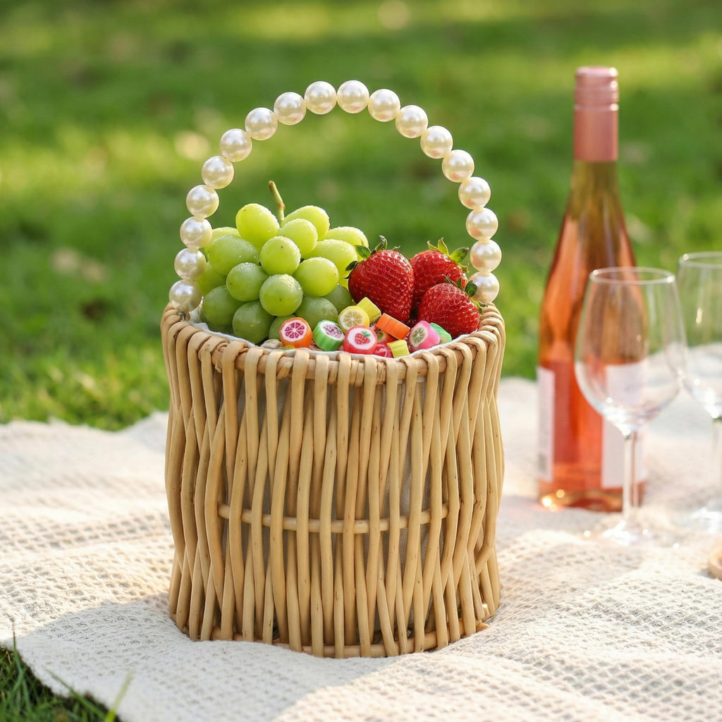 ZEAYEA 2 Pack Flower Girl Basket with Pearl Handle, Wedding Wicker Rattan Storage Basket, Boho Woven Small Flower Basket for Candy, Easter, Christmas, Home Decorations