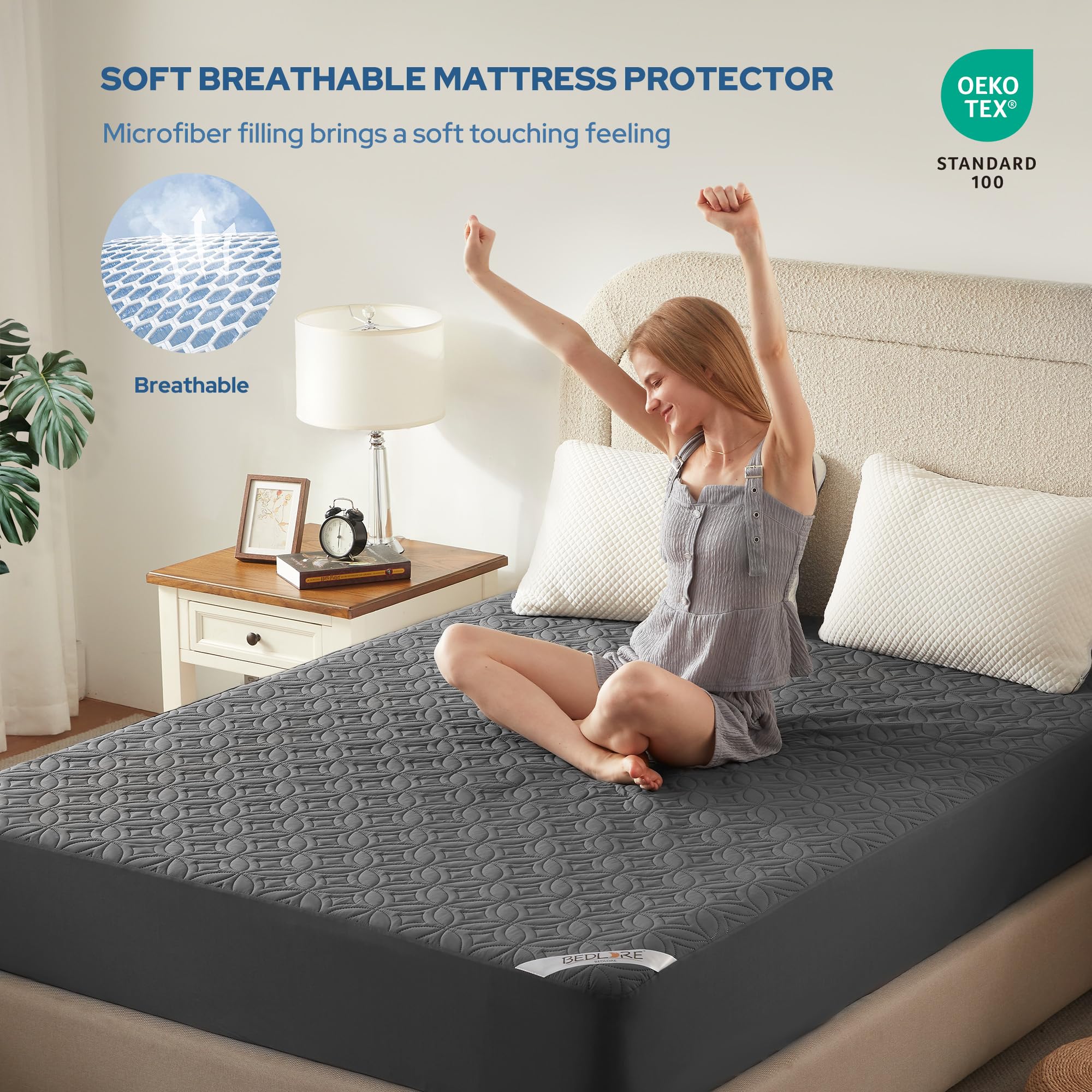 BEDLORE Waterproof Mattress Protector, Queen Size Mattress Pad Noiseless with Deep Pocket 6"-21" Depth, Soft & Breathable Dirt-Proof Bed Mattress Cover Washable for Home, Bedroom, Hotel (Gray)
