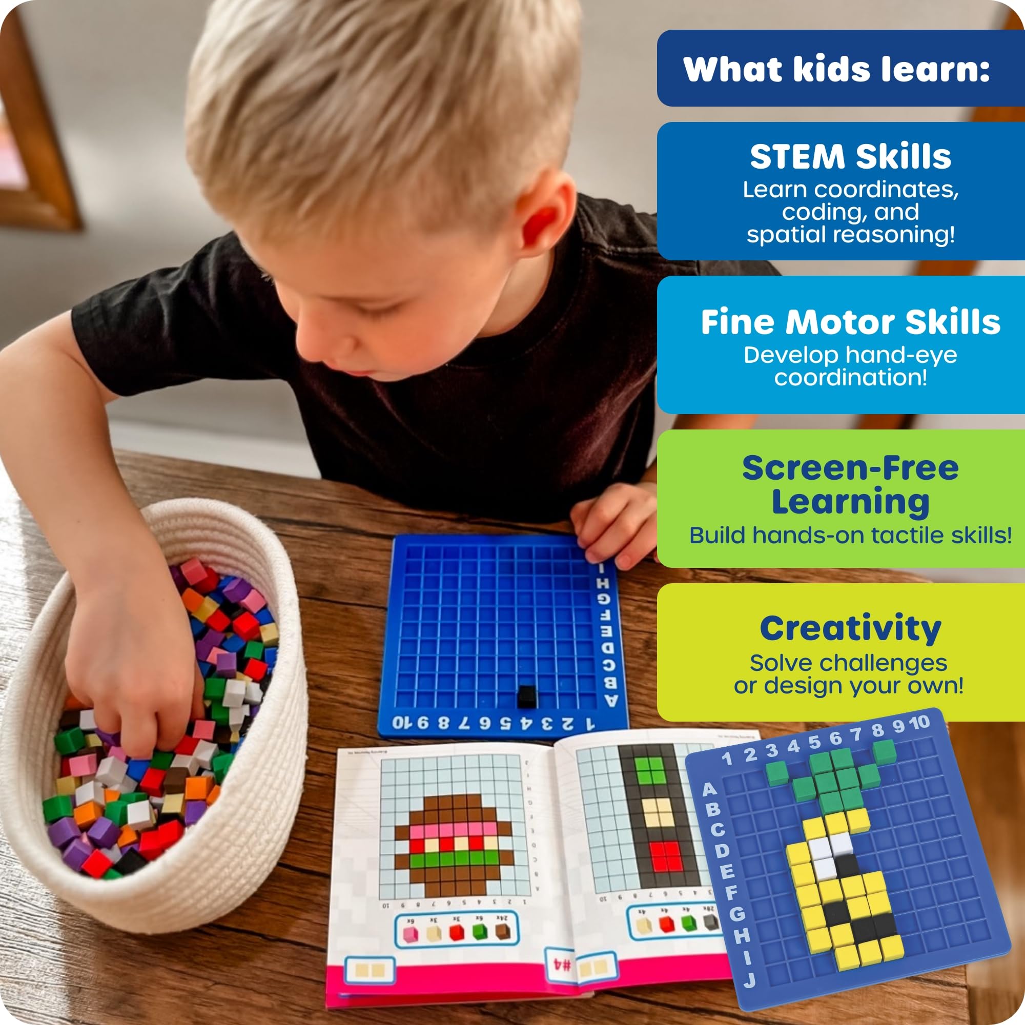 Learning Resources STEM Explorers Pixel Art Challenge - Math Puzzles, Pattern Blocks, Sensory Bin, Arts and Crafts, Math Manipulatives, Building Toys, Montessori