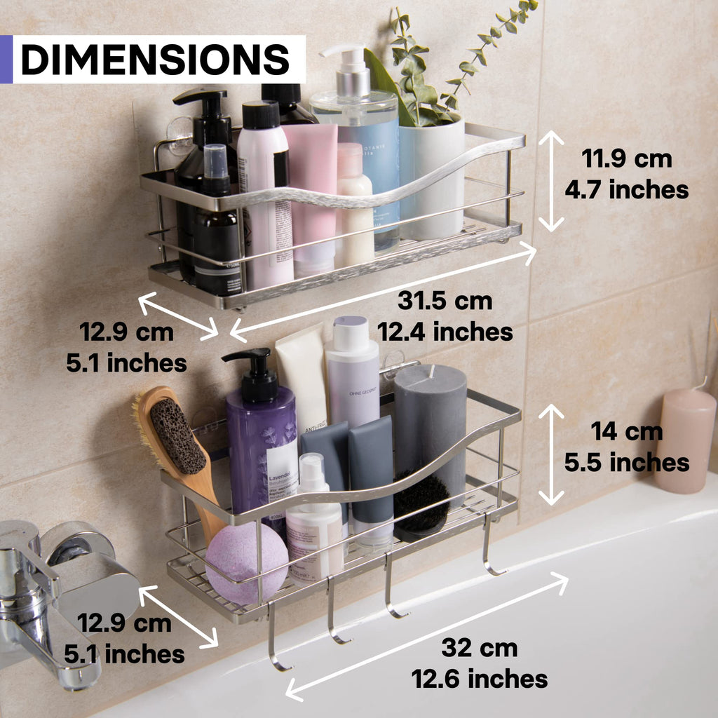 KINCMAX Premium Shower Caddy, Self Adhesive Wall Shower Organizer, 2-Pack No Drill Bathroom Shower Shelves for Inside Shower, Rustproof Stainless Steel Shampoo Holder, Shower Storage Rack, Silver