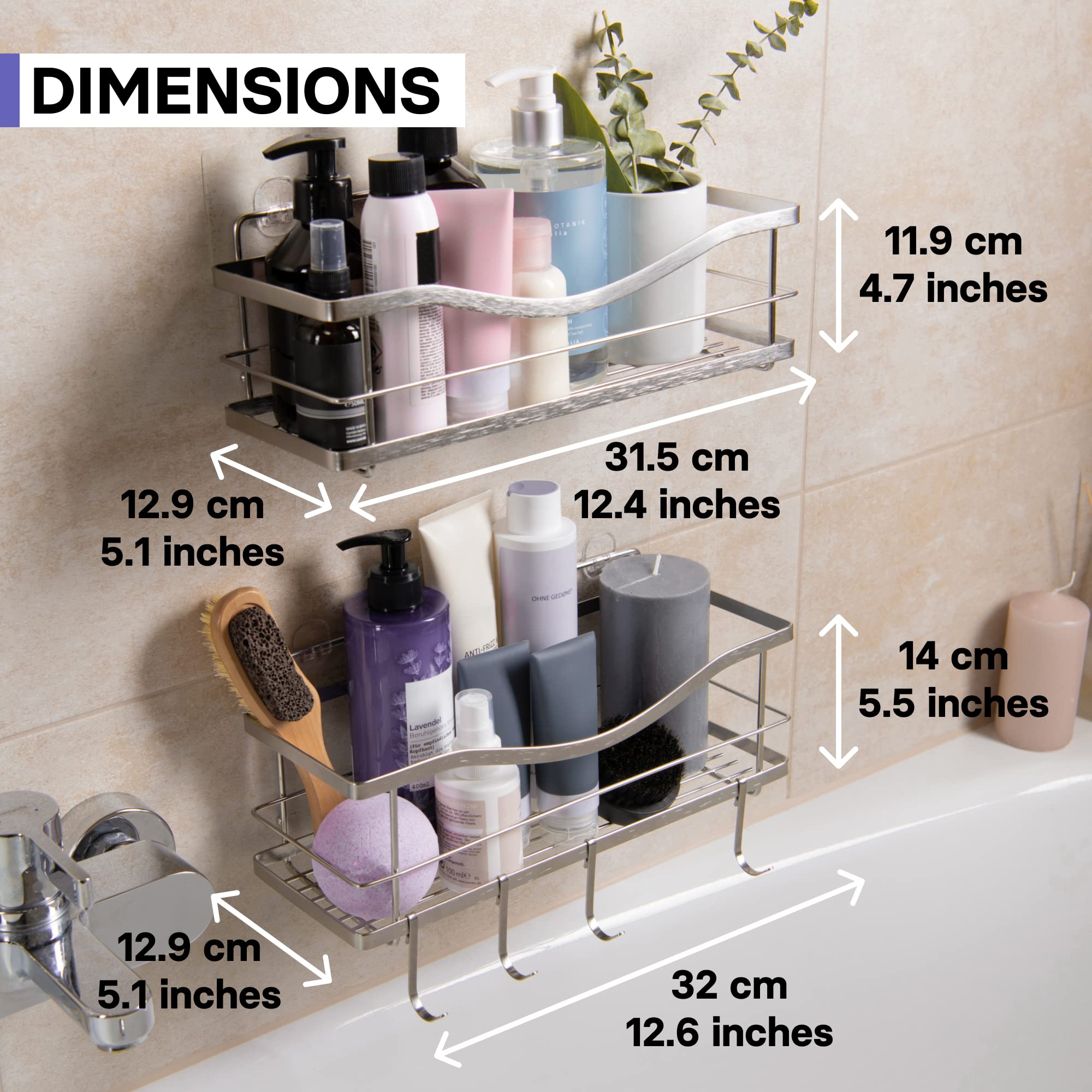 KINCMAX Premium Shower Caddy, Self Adhesive Wall Shower Organizer, 2-Pack No Drill Bathroom Shower Shelves for Inside Shower, Rustproof Stainless Steel Shampoo Holder, Shower Storage Rack, Silver
