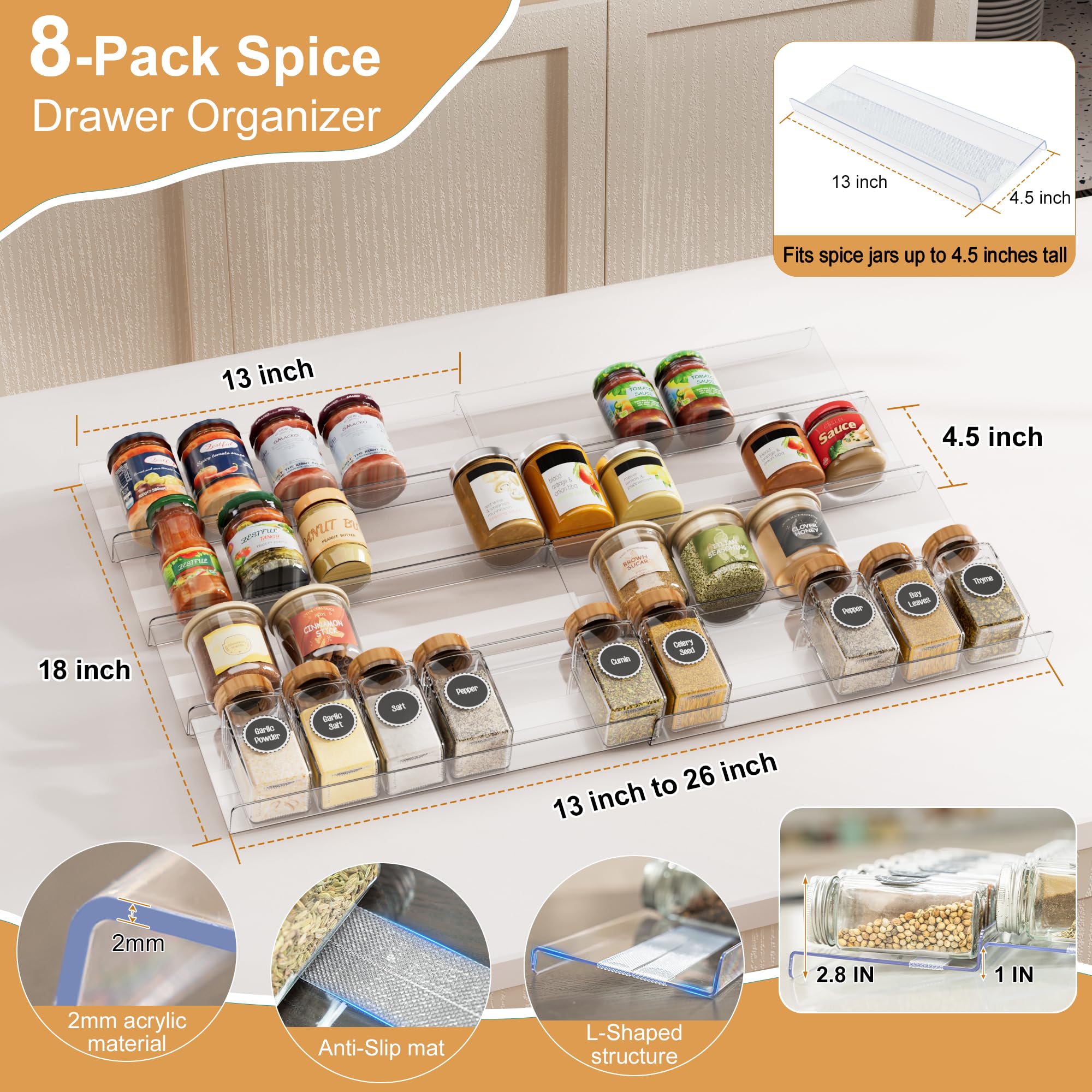 Brippo 8-Pack Spice Drawer Organizer, Expandable Acrylic Seasoning Rack (13" to 26") with Anti-Slip Mat, Kitchen Spice Rack Tray Holds up to 56 Jars