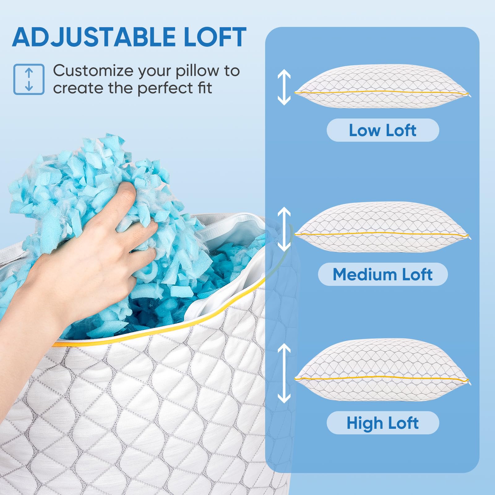 Cooling Shredded Memory Foam Pillows King Size 2 Pack – Adjustable Bed Pillows for Sleeping, Breathable Cooling Supportive Pillow for Side Back & Stomach Sleepers, with Washable Cover