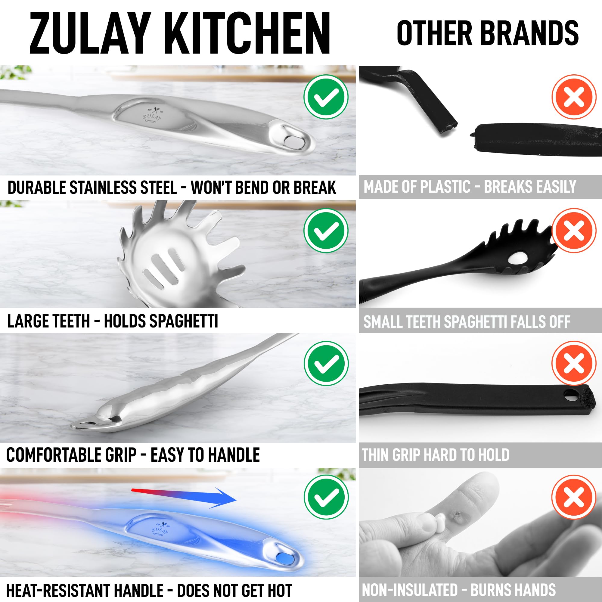 Zulay Kitchen Pasta Server - Durable Food Grade Stainless Steel Pasta Spoon Server with Ergonomic Handle & Heat Resistant Design - Kitchen Spaghetti Server Fork for Noodles, Pasta, & More (12 inch)