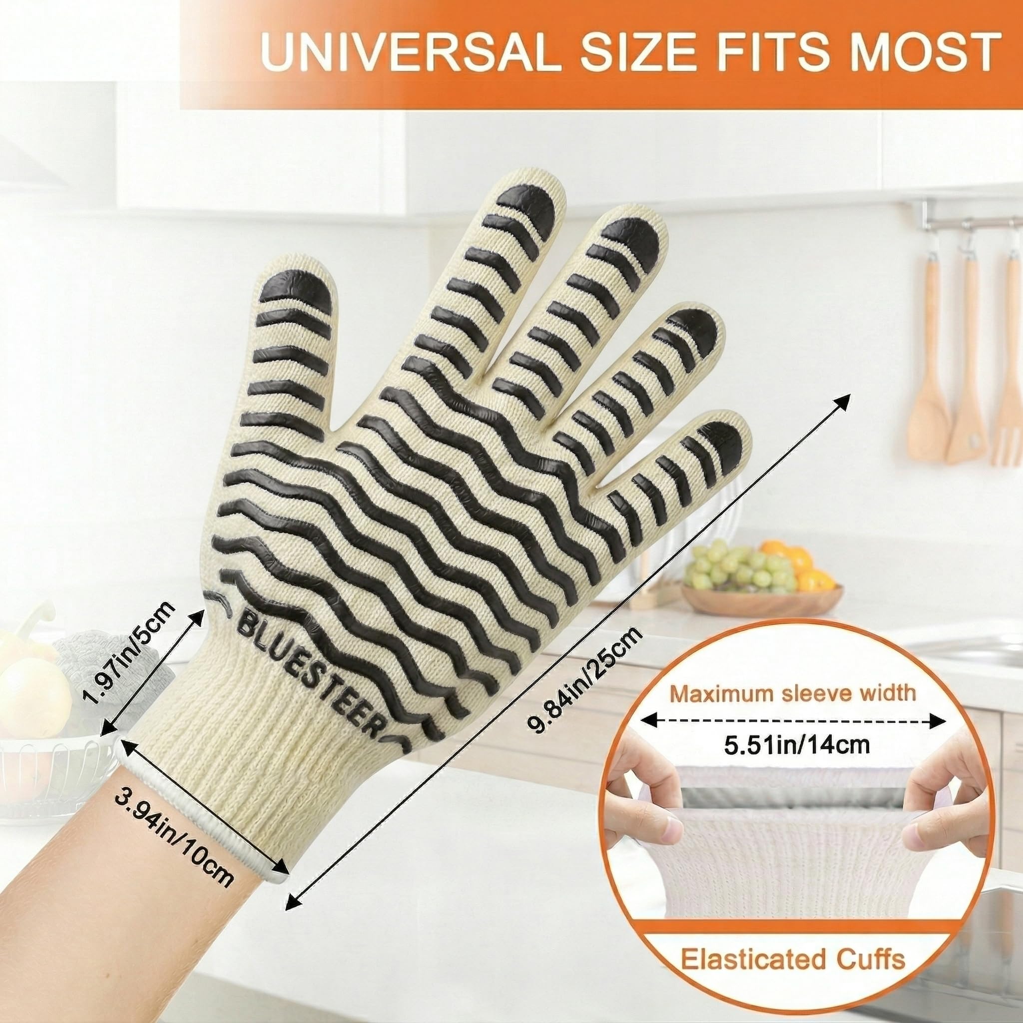 Oven Gloves, 932°F Heat Resistant Gloves, Oven Mitts with Fingers, Grill Gloves Heat Proof for Men Women, BBQ Gloves Silicone Grip, BLUESTEER Fireproof Gloves for Kitchen Cooking, Grilling, Baking