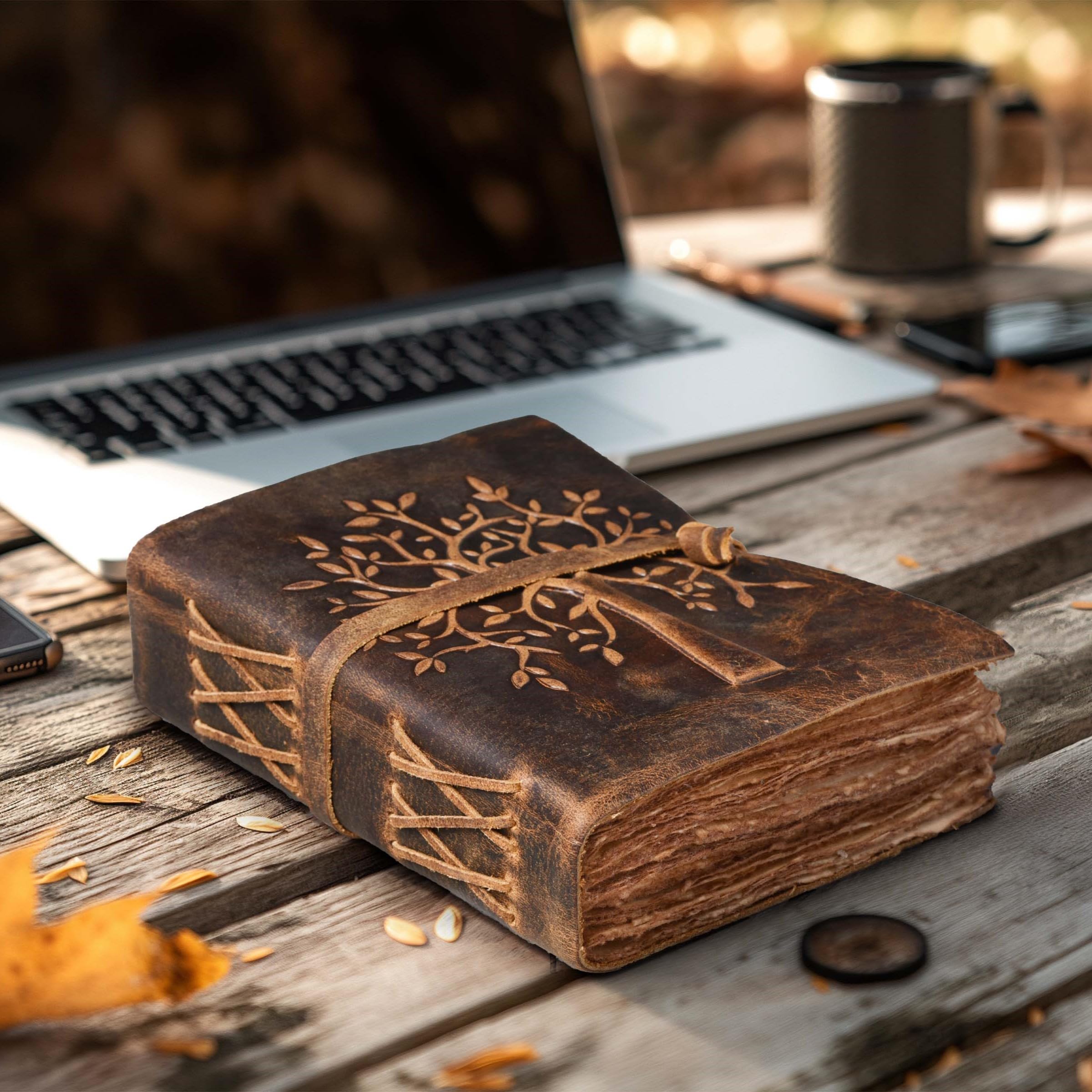 LEATHER VILLAGE Tree of Life Journal - 8 X 6 inches - Brown - 200 Antique Deckle Edge Handmade Paper – Book of Shadows - Vintage Leather Bound Journal for Women & Men