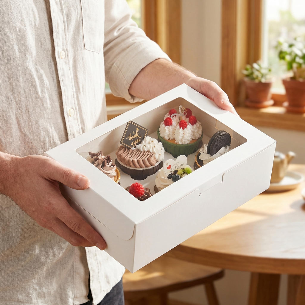Jucoan 50 Pack Cupcake Box with Insert and Window Hold 6 Standard Cupcakes Muffins, Food Grade Cupcake Carrier Container, White Bakery Package Box for Pastry, Cookies, Small Cake, Party Dessert