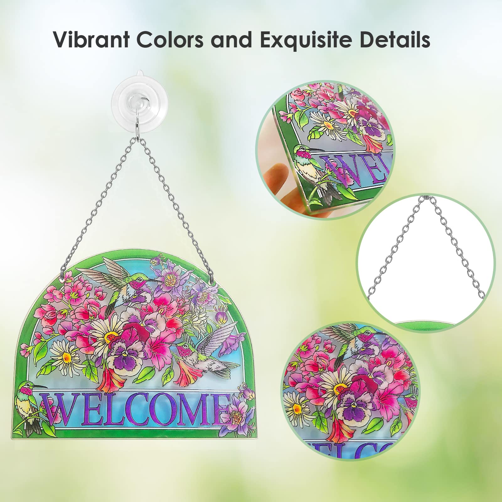Welcome Hummingbird Sun Catcher - Hummingbird Stained Glass Suncatchers - Welcome Sign Hummingbird Decor, Vibrant Flowers Window Hanging, 7.8’’*6.5’’ Stained Glass Birds with Suction Cup