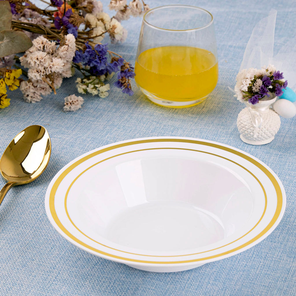 SETUP [12 oz. - 50 Piece] Dessert Soup Bowls with Gold Rim, Bowls Disposable - Premium Heavy-Duty Disposable Soup Bowls for Party, Wedding, and All Occasions