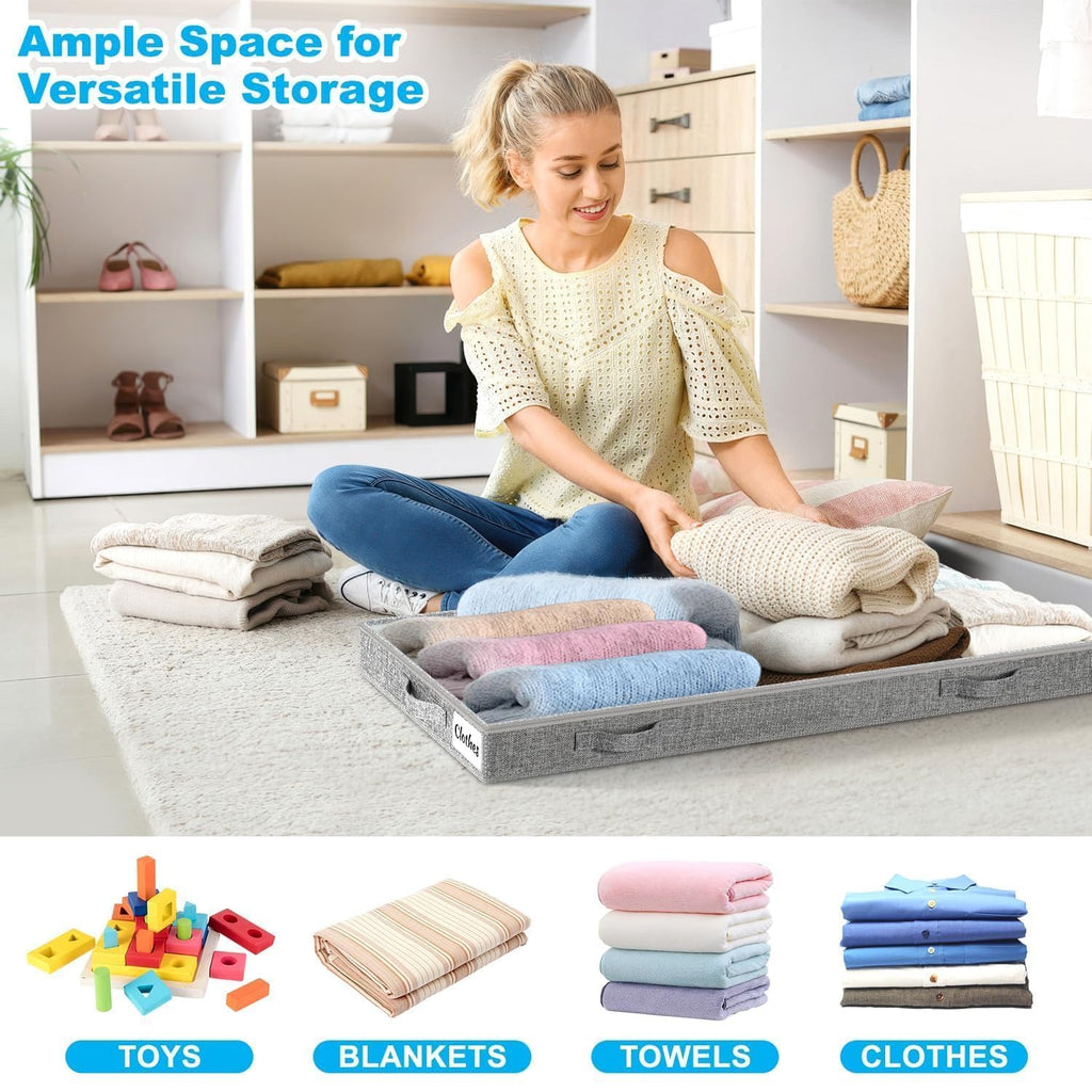 Under Bed Storage Bags 2 Pack, 4 Inch Foldable Underbed Storage Container Bins with NO STRUCTURE, Shallow Closet Organizer Storage Container for Dorm & Home, With Clear Lids & Reinforced Handles, Grey