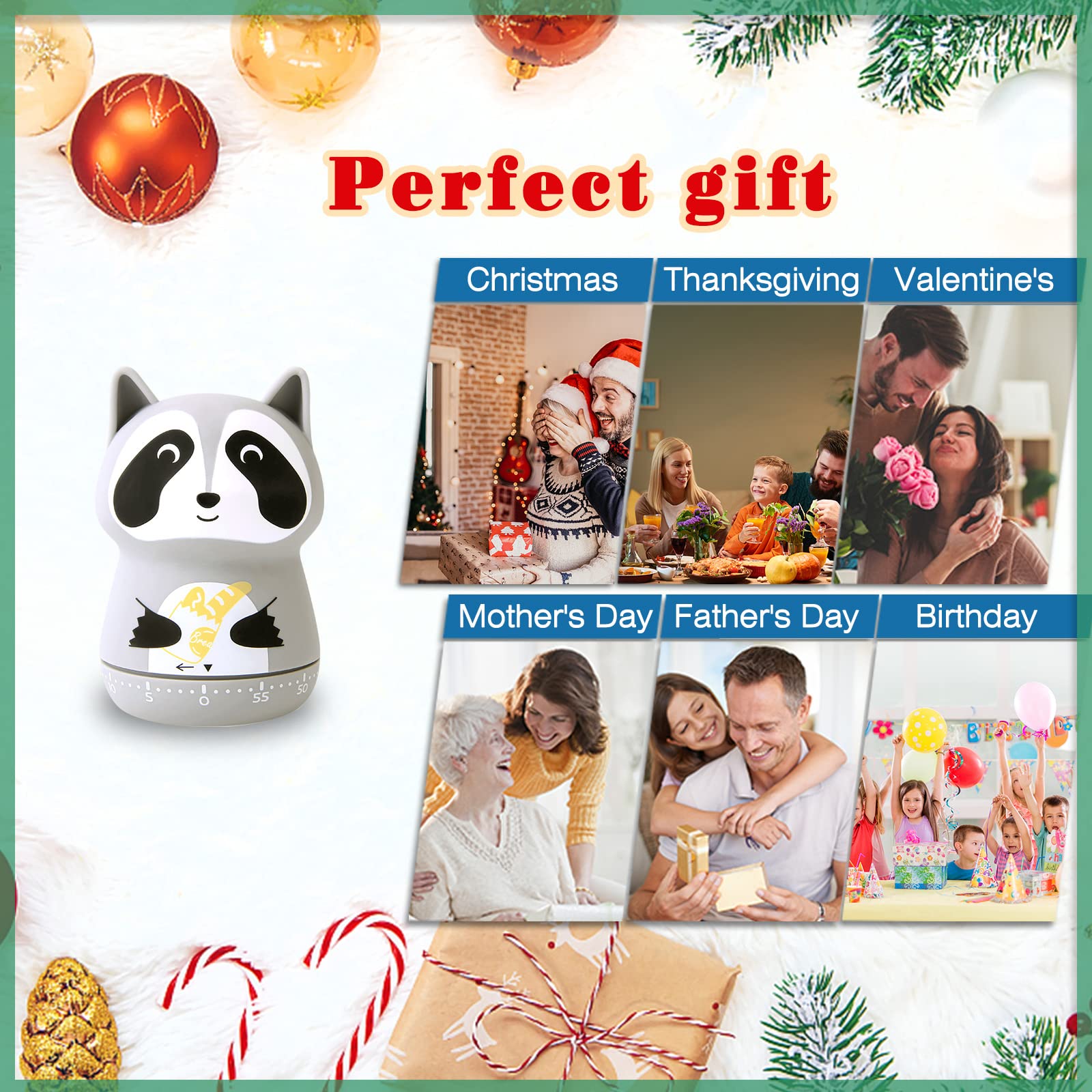ELE DEPI 2 Pack Cute Kitchen Timer,100% Mechanical Timer for Kids,60 Minute Egg Timer for Cooking/Reading/Do Sports. (Fox and Raccoon)