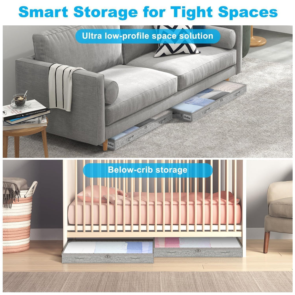 Under Bed Storage Bags 2 Pack, 4 Inch Foldable Underbed Storage Container Bins with NO STRUCTURE, Shallow Closet Organizer Storage Container for Dorm & Home, With Clear Lids & Reinforced Handles, Grey