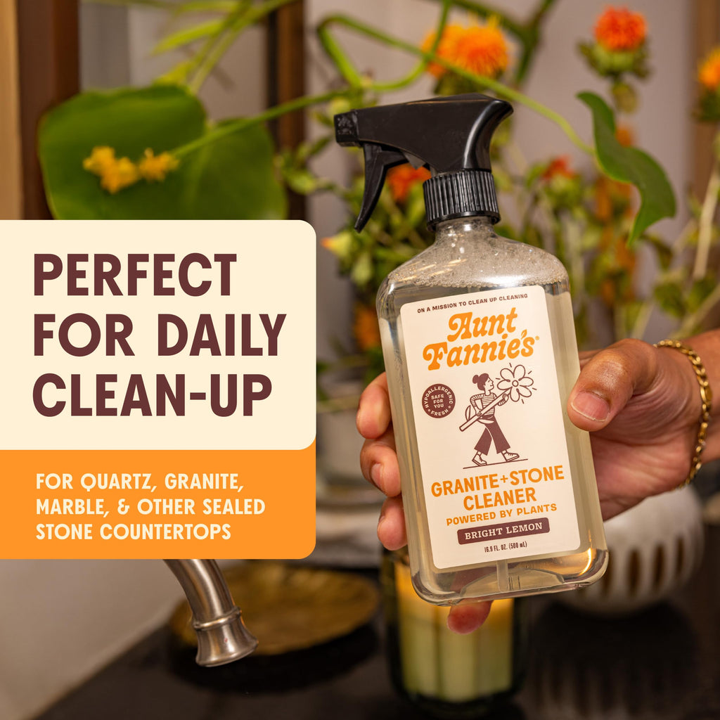 Aunt Fannie's Granite and Stone Cleaner, Plant Based Daily Countertop Spray for Granite, Stone, Marble, Soapstone, Quartz, Slate, Laminate, and other Sealed Stone, Bright Lemon Scent, Pack of 1