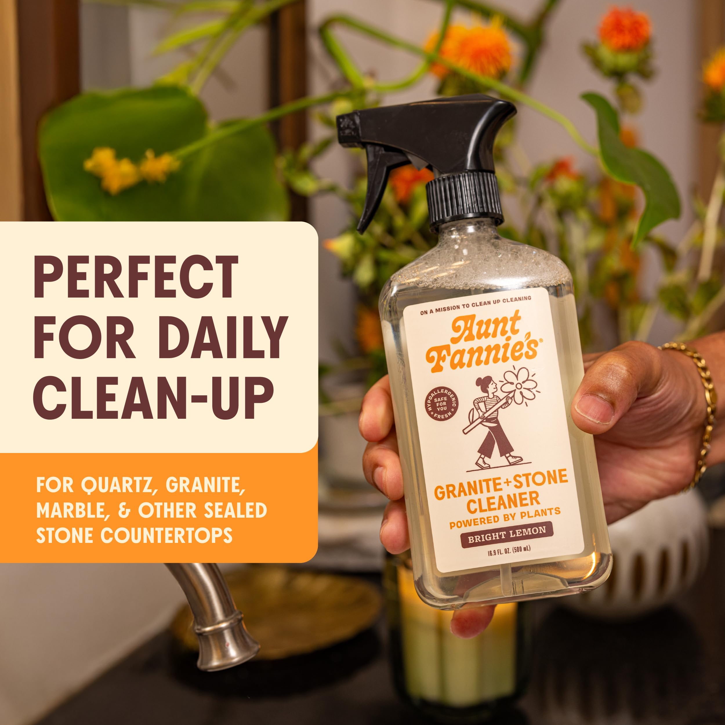 Aunt Fannie's Granite and Stone Cleaner, Plant Based Daily Countertop Spray for Granite, Stone, Marble, Soapstone, Quartz, Slate, Laminate, and other Sealed Stone, Bright Lemon Scent, Pack of 1
