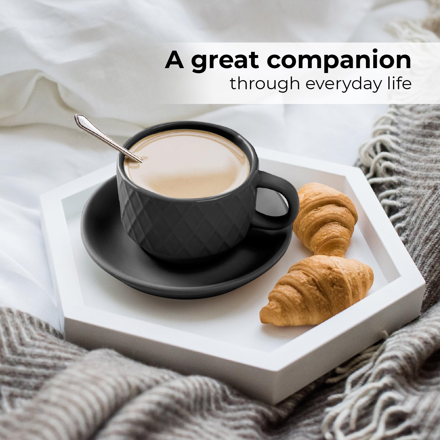 MIAMIO - 6 x 75 ml Stoneware Espresso Mug, Cup Set Modern with Stand and Saucers - Palmanova Collection (Black)