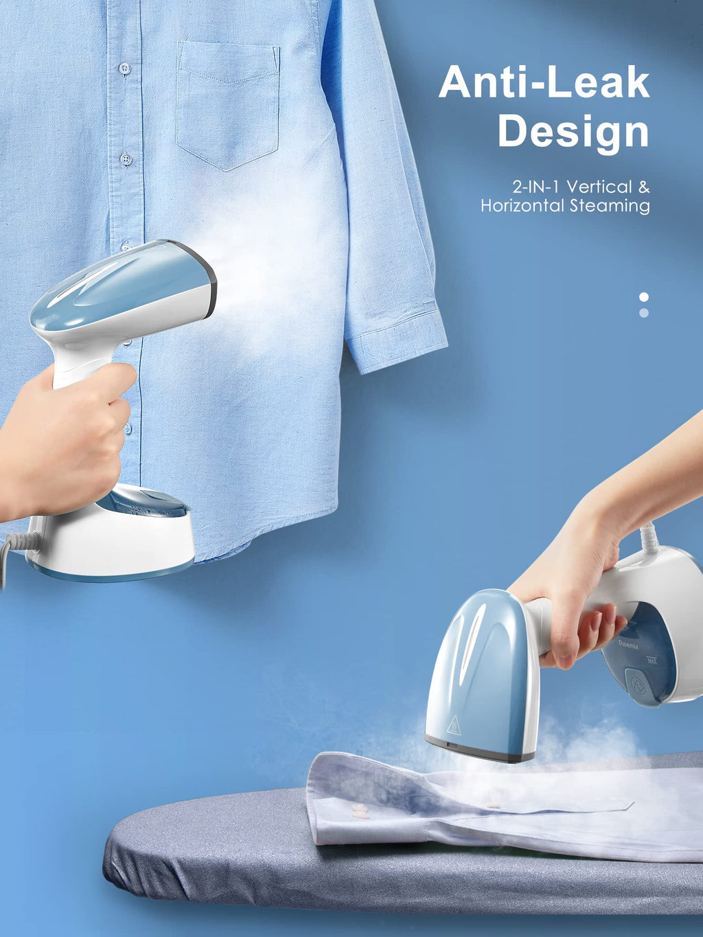 Reemix Steamer for Clothes, 1200W Foldable Clothes Steamer, Handheld Garment Steamer, Fast Heat-up, Auto-Off, Steam Iron for Fabric Wrinkle Remover with Brush (Blue Gray)
