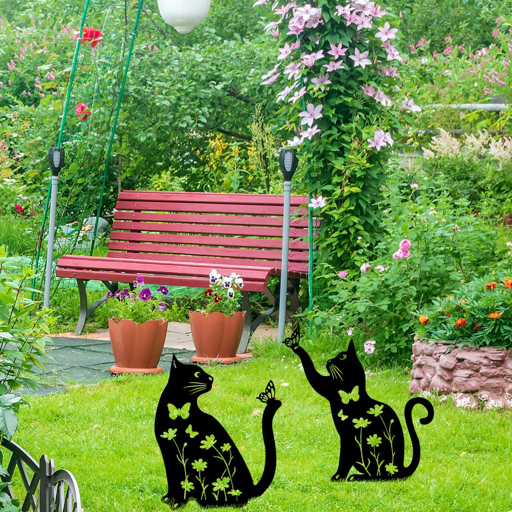2Pcs Metal Cat Garden Statues HADEEONG Decorative Garden Stakes Black Ornaments Cat Lover Gifts for Lawn Ornaments Yard Patio Outdoor Decorations