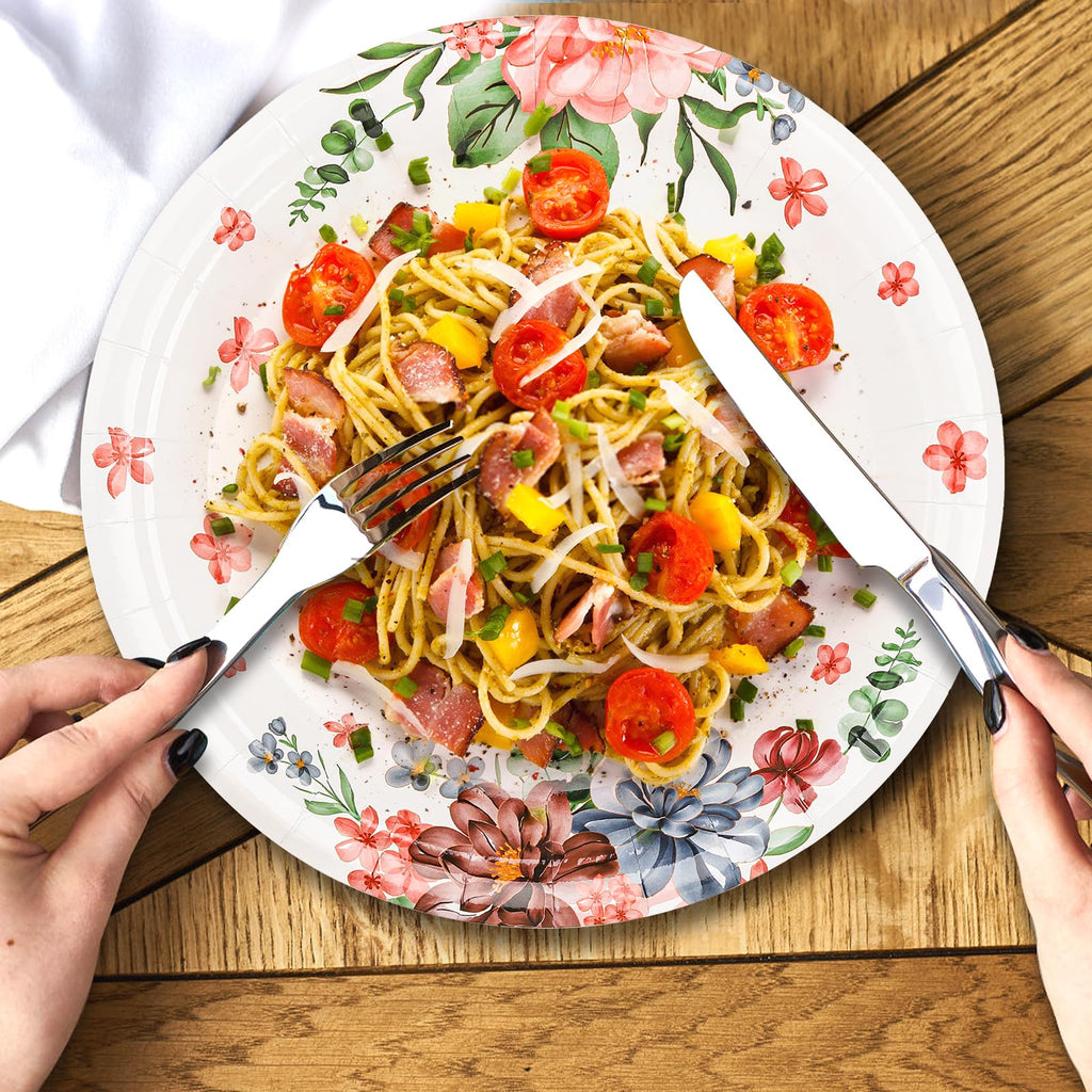 yarlung 200 Pack 9 Inch Disposable Paper Plates, Soak Proof Light Dinner Paper Plates Bulk Floral Printed Disposable Plates for Lunch, Salads, Parties Picnics and Everyday Use, Cut Resistant