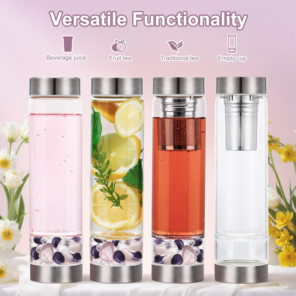 DiDiBirDi 500ml Crystal Water Bottle with Removable Strainer - Includes Amethyst & Rose Quartz Stones, for Tea Lovers