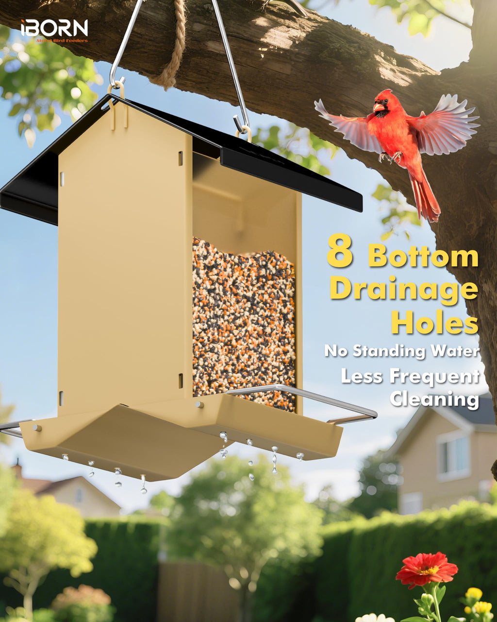 iBorn Bird Feeders for Outdoors,Bird Feeder with Weatherproof Metal Roof & 8 Drain Holes,Fully Detachable Birdfeeder Design,Easy Clean & Refill,Chew-Proof PC Windows,3.2 Lbs Capacity,Black Roof