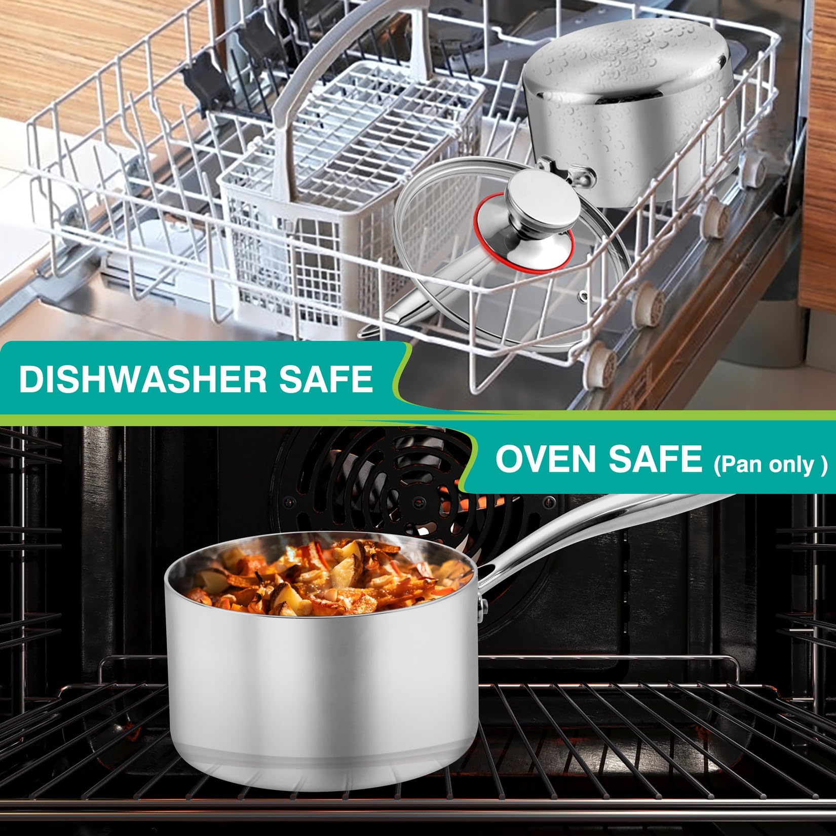 3 Quart Tri-Ply Stockpot and Saucepan, P&P CHEF Stainless Steel Sauce Pan with Lid, Cooking Induction Pot, Kitchen Cookware for All Stoves, Non-Toxic, Durable & Dishwasher Safe