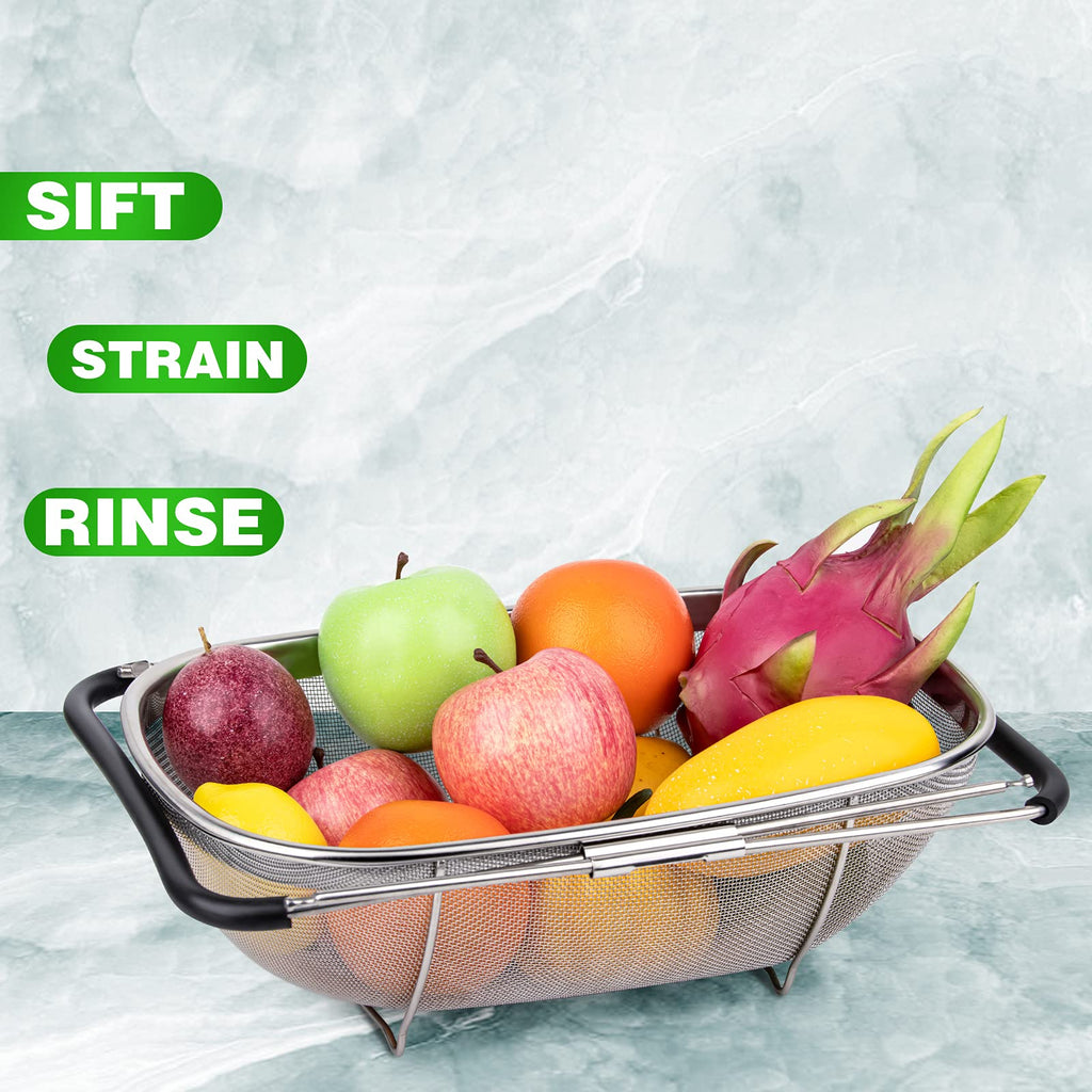 6-Quart Large Over The Sink Colander, 18/8 Stainless Steel Fine Mesh Strainer Basket with Expandable Rubber Grip Handles - Strain, Drain, Rinse Fruits, Vegetables