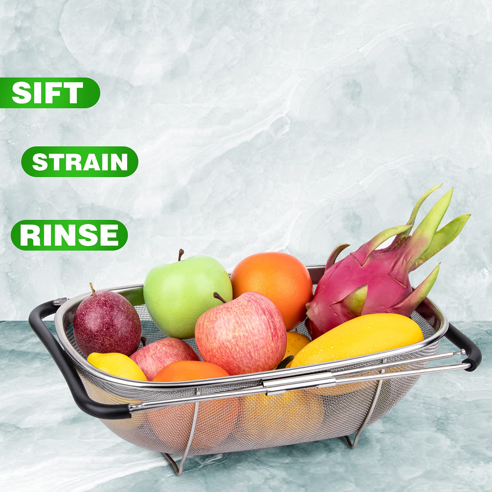 6-Quart Large Over The Sink Colander, 18/8 Stainless Steel Fine Mesh Strainer Basket with Expandable Rubber Grip Handles - Strain, Drain, Rinse Fruits, Vegetables