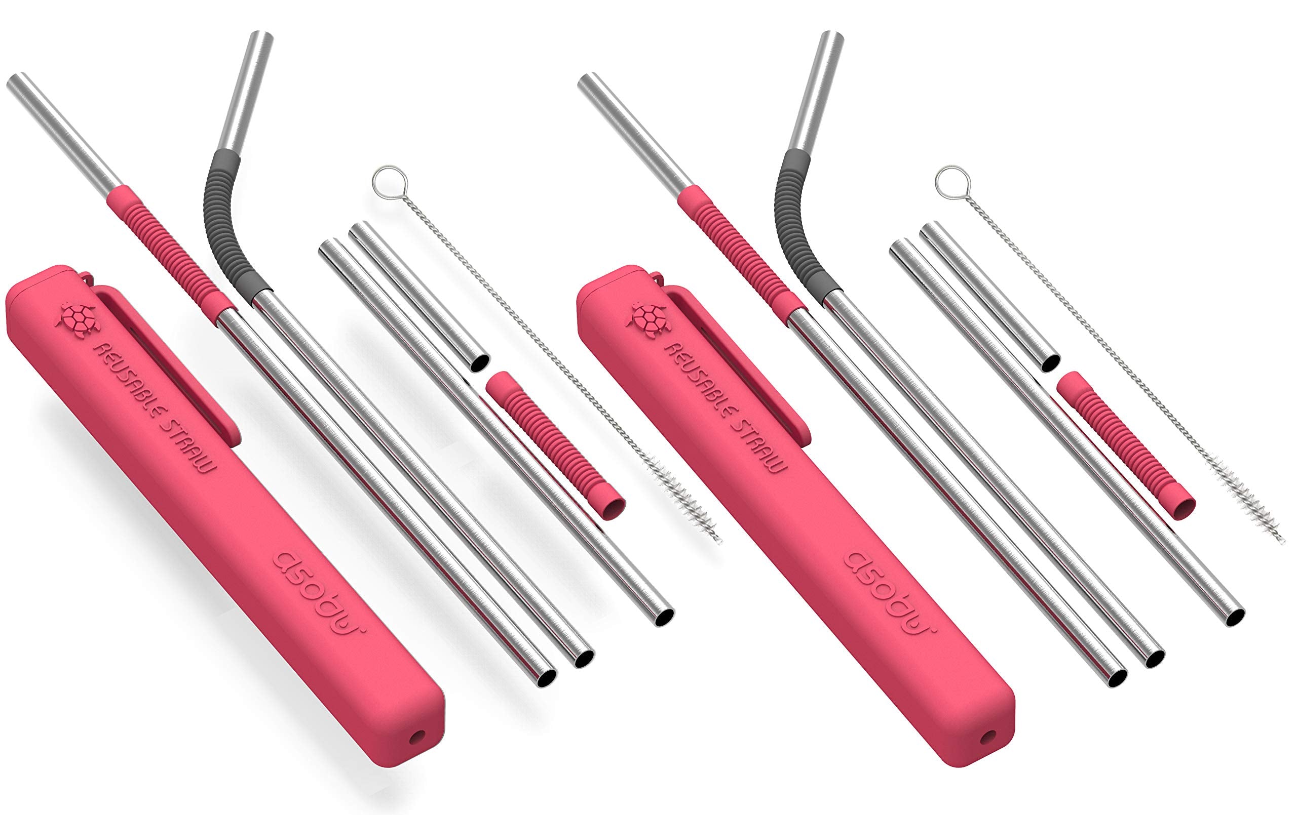 Asobu Reusable Metal and Silicone Straw with Cleaning Brush and Case (Red Black 2)