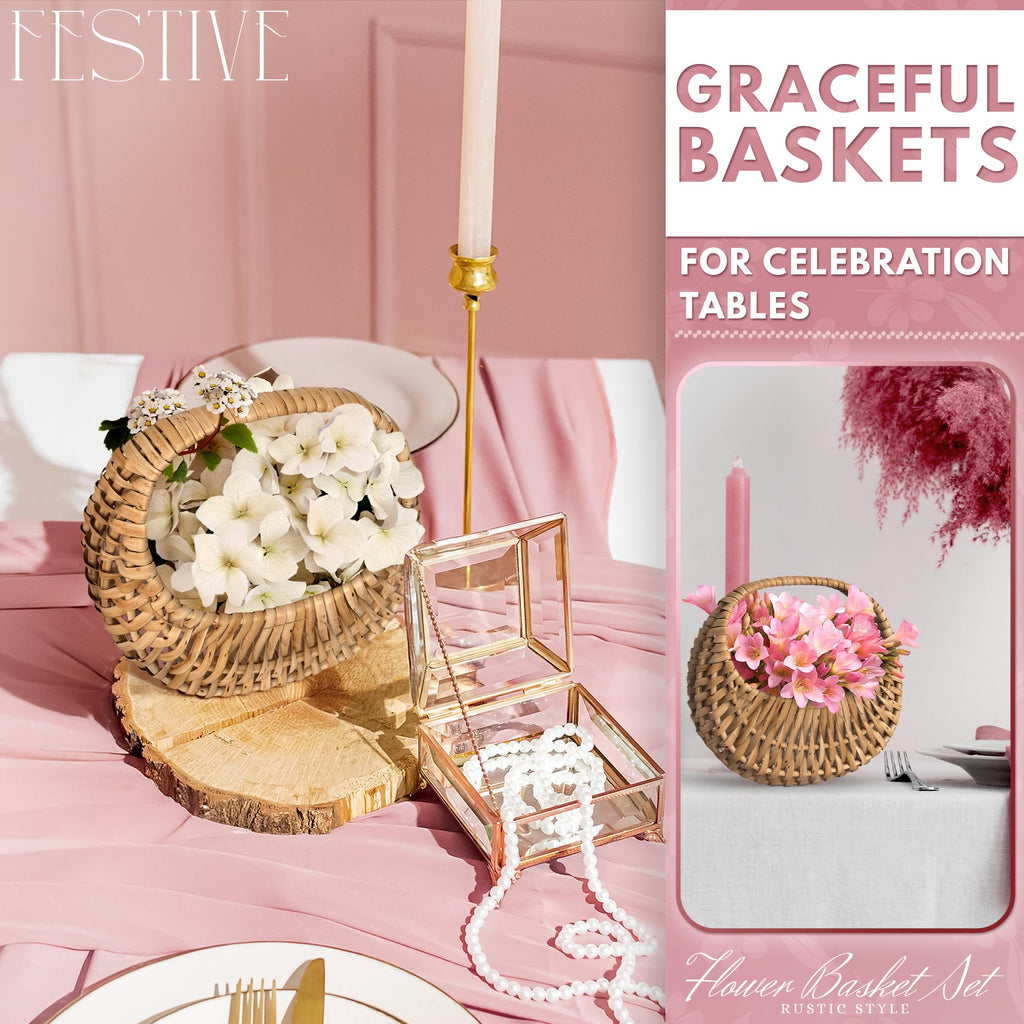 Small Flower Girl Basket Set of 2 - Small Wicker Basket with Handle and Waterproof Lining 6.3" x 5.12" x 3.75" - Tiny Easter Baskets with Rattan Design for Flowers, Sweets, Gifts, Home Decor & Storage