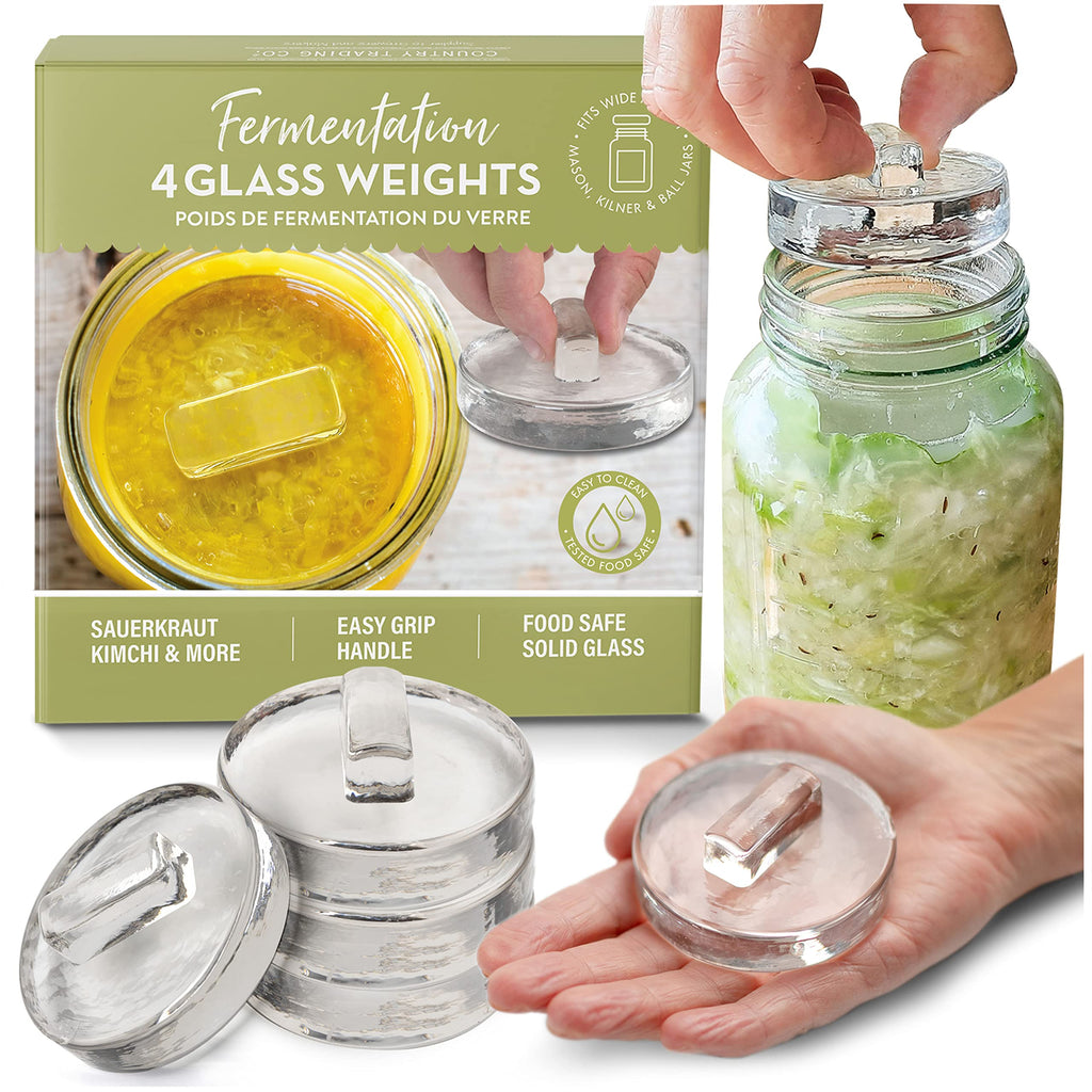 Glass Fermentation Weights for Fermenting with Easy Lift Handles - Boxed Set of 4 Clear
