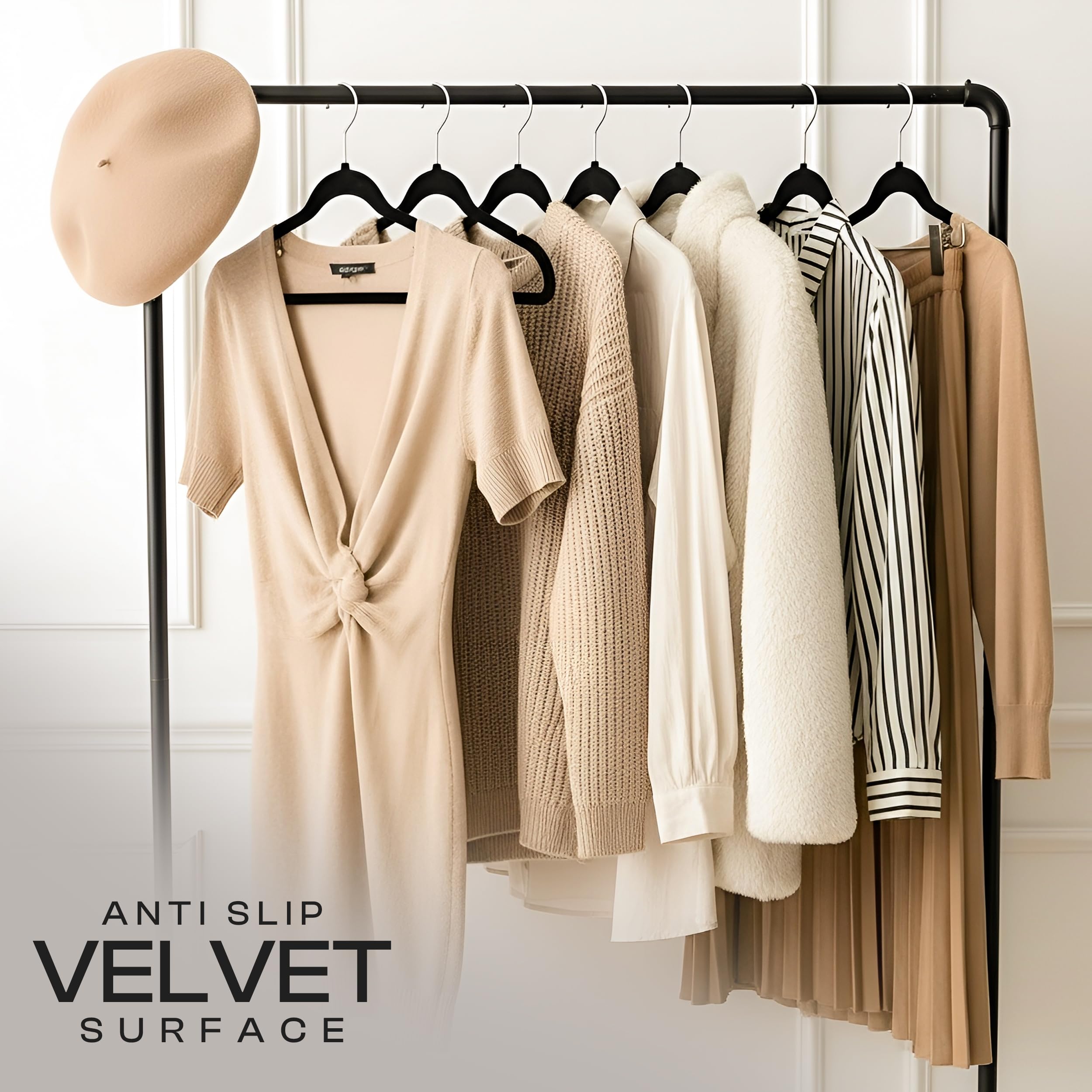 Utopia Home Velvet Hangers 30 Pack, Heavy Duty, Non-Slip, Space Saving Felt Clothes Hangers with 360° Hook & Notches (Black)