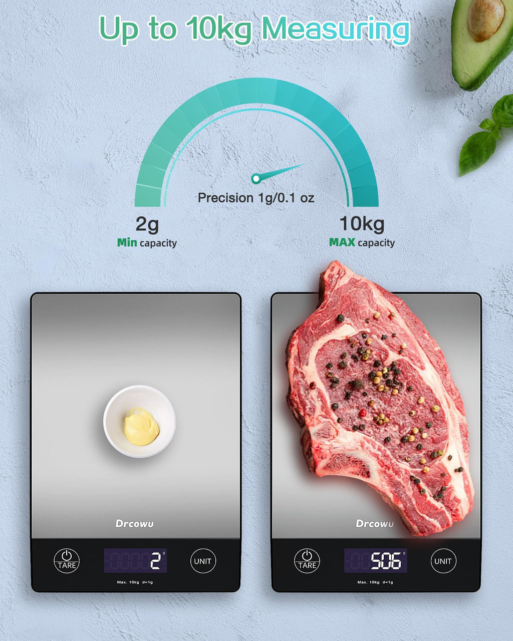 Drcowu Large Display Food Kitchen Scale, 10kg Digital Scales for Baking, Cooking, Keto and Meal Prep, Balance Alimentaire, Food Weight Scale with 1g Accuracy and LCD Backlit, Easy to Read, Gram and Oz