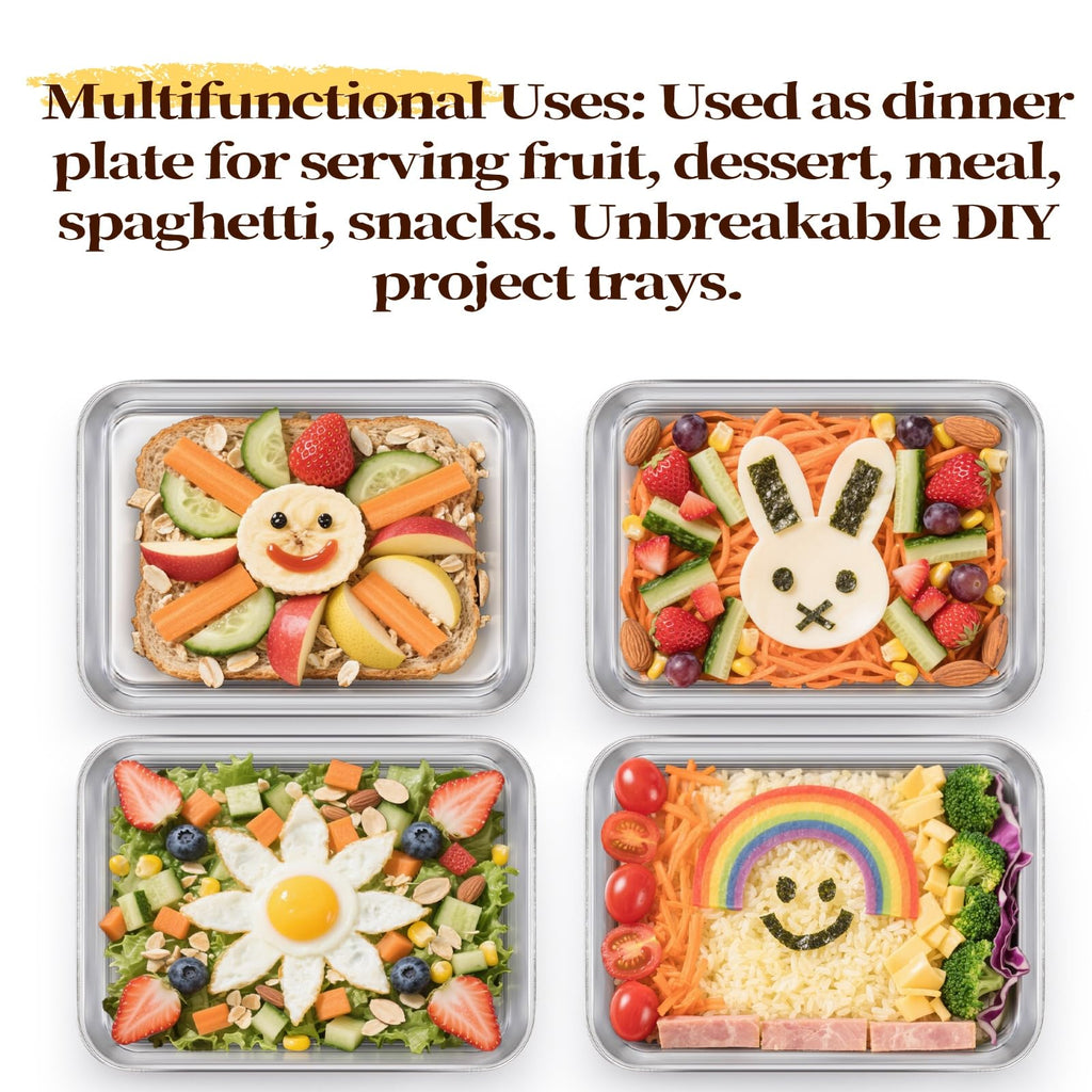 Lyellfe 6 Pack Small Stainless Steel Plates, 7''L x 5''W Mini Metal Food Tray Plate, Portable Size Baking Sheets for Oven, Food Safe Smooth Polished for Picky Eaters, Campers, Hand Project