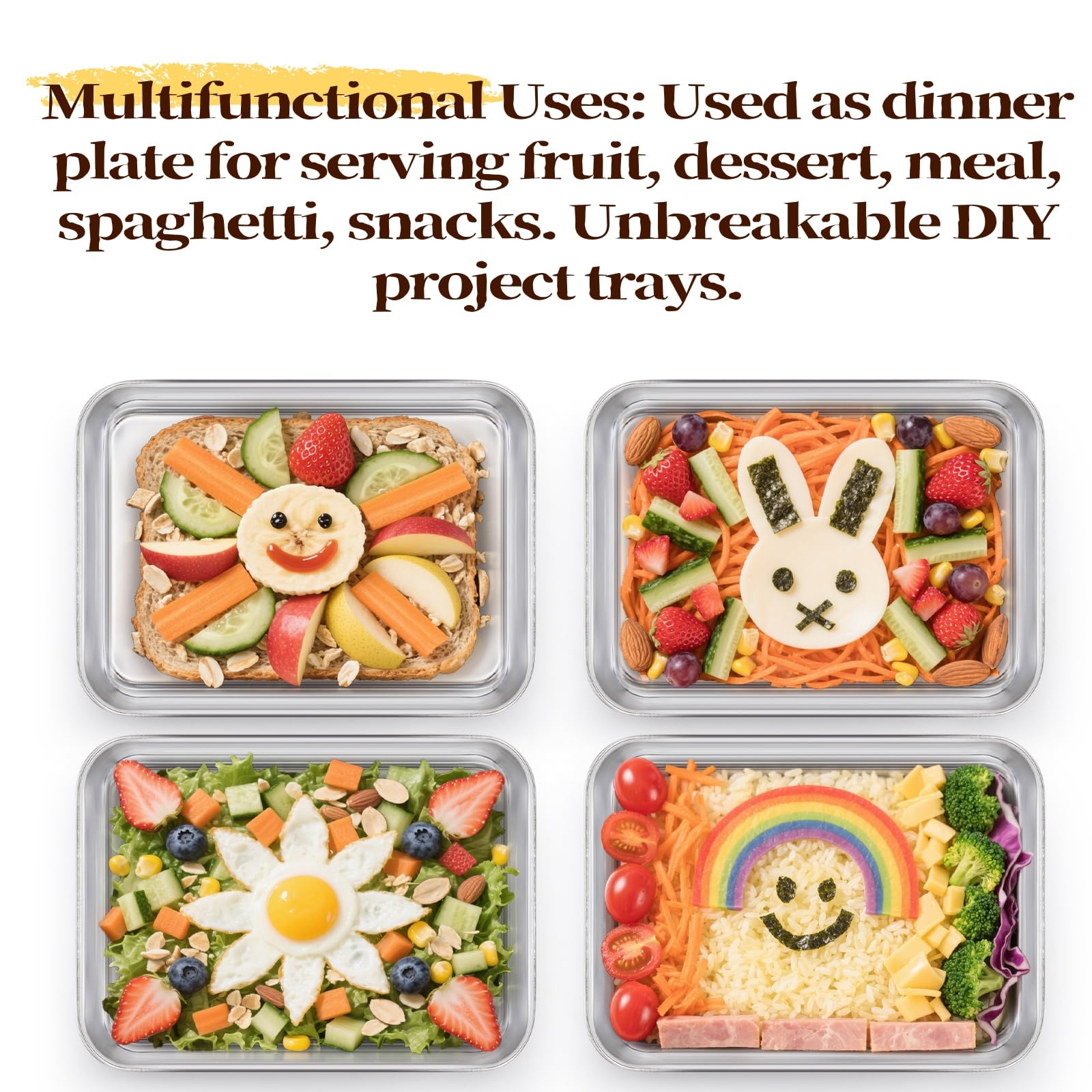 Lyellfe 6 Pack Small Stainless Steel Plates, 7''L x 5''W Mini Metal Food Tray Plate, Portable Size Baking Sheets for Oven, Food Safe Smooth Polished for Picky Eaters, Campers, Hand Project