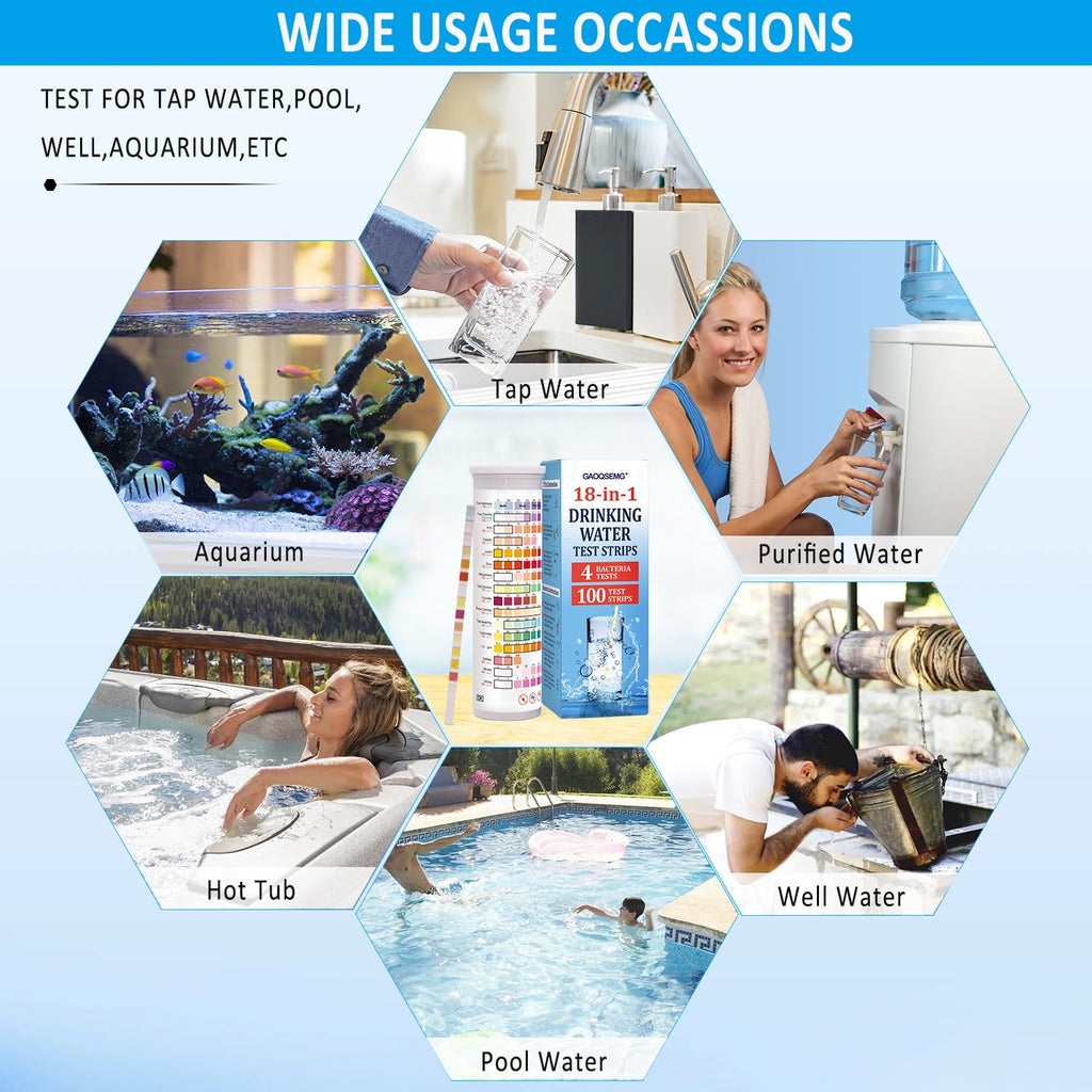 18 in 1 Water Testing Kit for Drinking Water,Well Home Tap Water Test Kit Drinking Water Test Strips for Hardness,Lead,Chlorine,Fluoride,Nitrate,pH,Iron,Copper,Cyanuric Acid,100 Strips