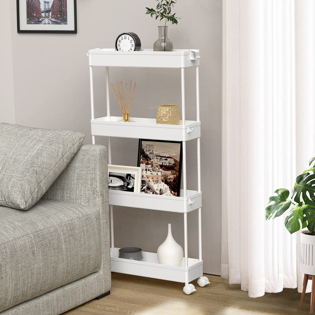 SPACELEAD Slim Storage Cart 4 Tier,Bathroom Storage Organizer Rolling Utility Cart, Mobile Shelving Unit Slide Out Storage Cart for Office, Bathroom, Kitchen, Laundry Room & Narrow Places,White