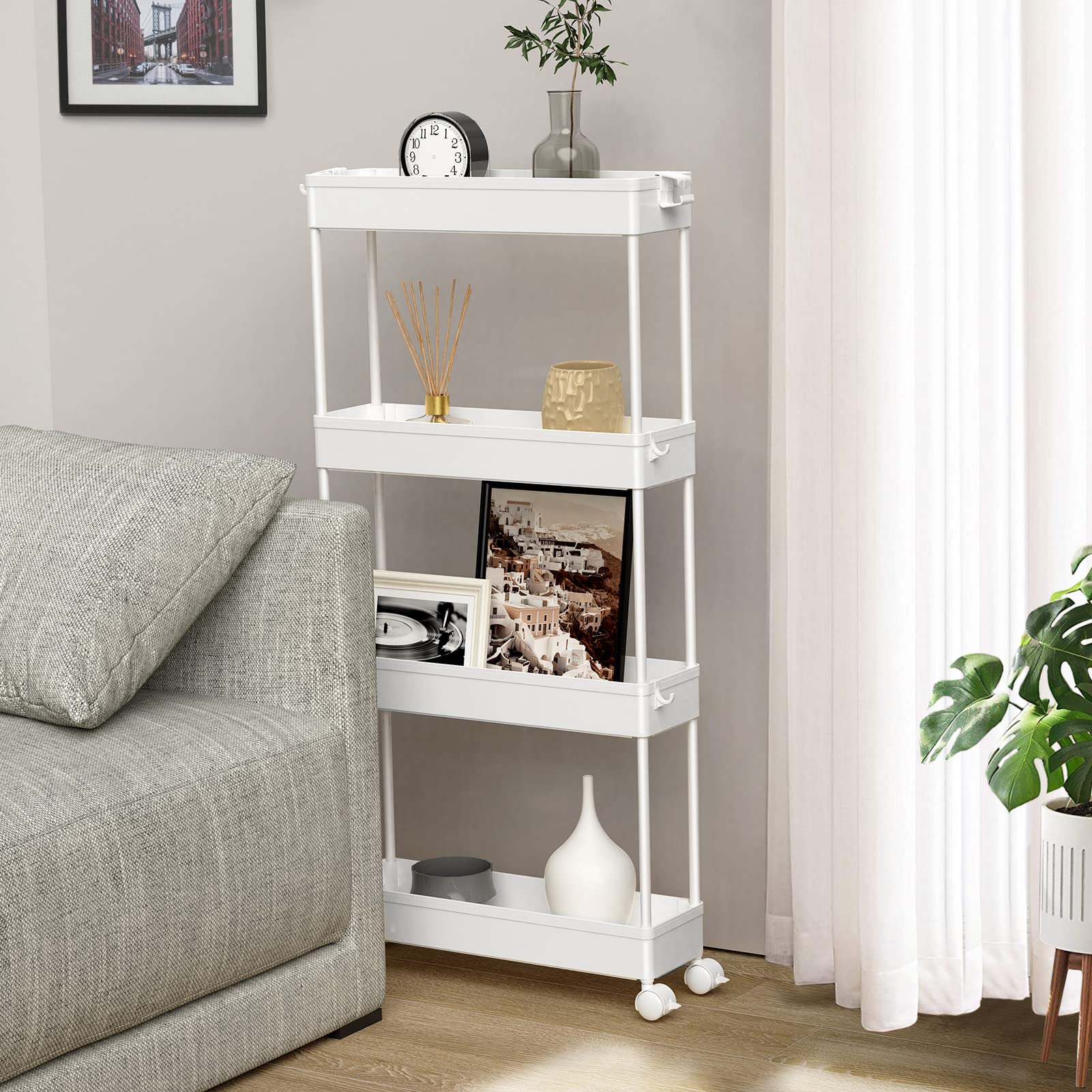 SPACELEAD Slim Storage Cart 4 Tier,Bathroom Storage Organizer Rolling Utility Cart, Mobile Shelving Unit Slide Out Storage Cart for Office, Bathroom, Kitchen, Laundry Room & Narrow Places,White