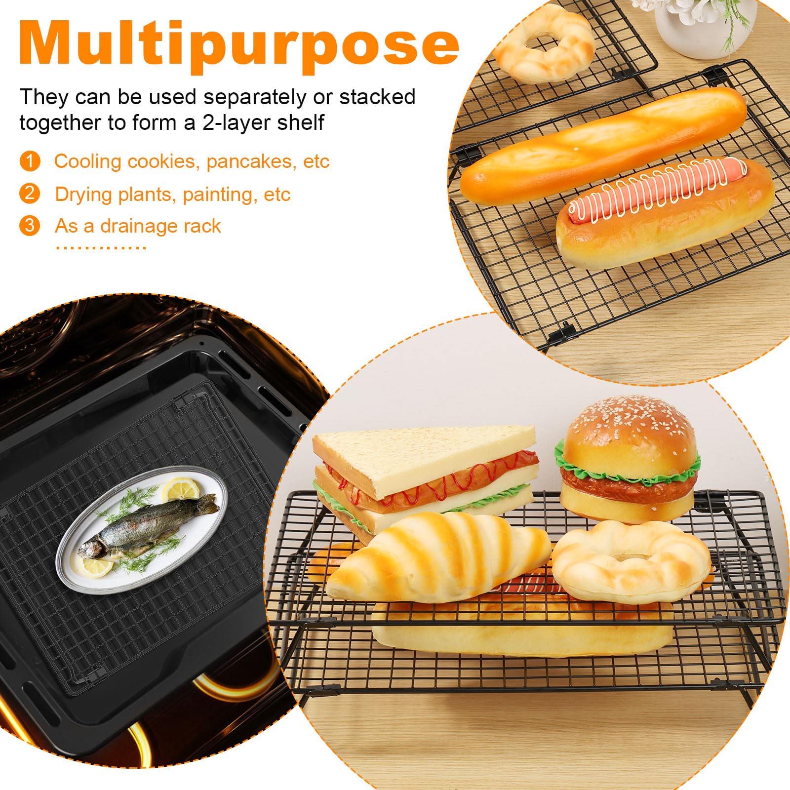 2 Pcs Cooling Rack for Baking and Cooking 13.4x9.4 inch , Carbon Steel Stackable Cookie Cooling Rack with Collapsible Legs , for Grilling, Wire rack for baking sheet Baked Goods Cake Cookie gadgets