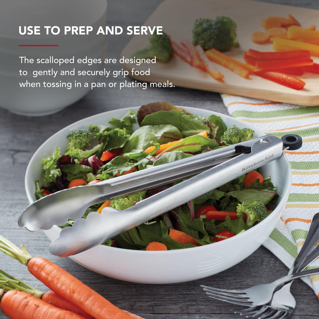 KitchenAid Set of 2 Stainless Steel Tongs with Scalloped Edges Easy Lock Dishwasher Safe Durable and Versatile 7 Inch and 9 Inch Silver
