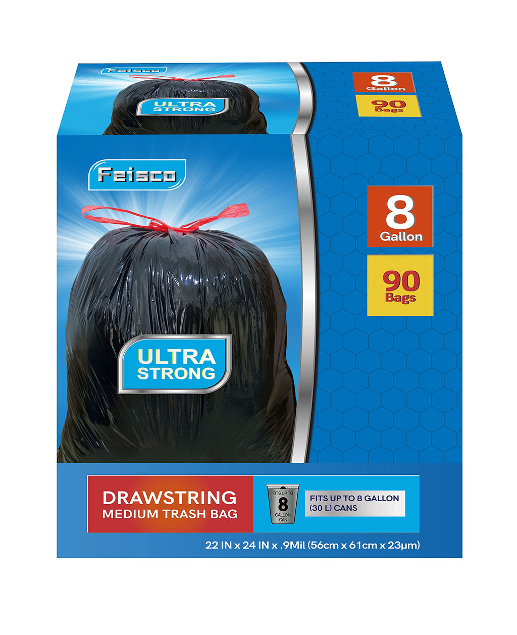 Feisco 8 Gallon Black Trash Bag,30L Drawstring Garbage Bag Trash Can Liner,0.9 Mil,90 Counts (8 Gallon(30L), Black)