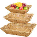 Jucoan 3 Pack Poly Wicker Bread Baskets, Imitation Rattan Fruit Baskets, Rectangular Tabletop Woven Serving Baskets Trays for Fruits Vegetables and Snacks