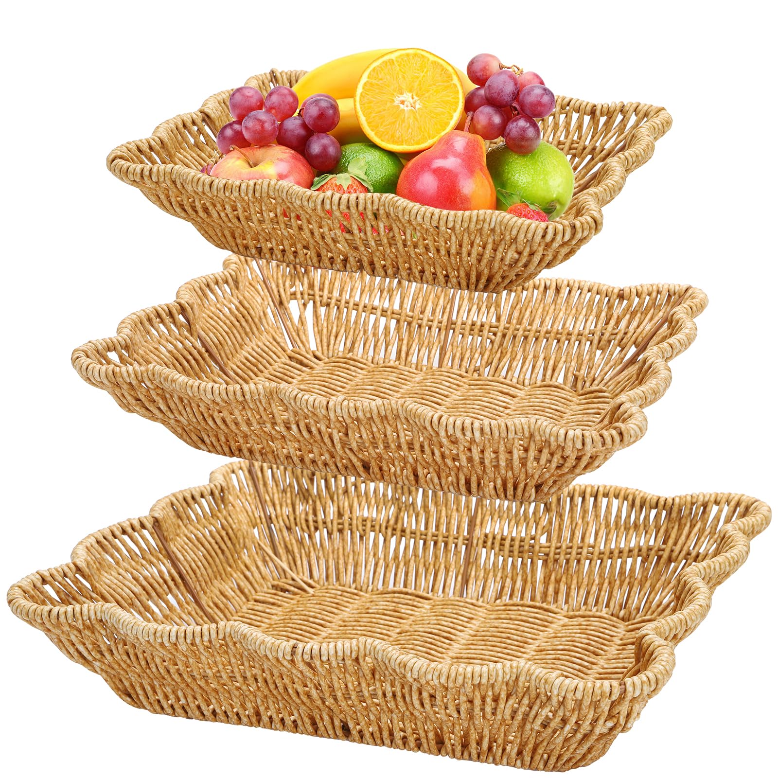 Jucoan 3 Pack Poly Wicker Bread Baskets, Imitation Rattan Fruit Baskets, Rectangular Tabletop Woven Serving Baskets Trays for Fruits Vegetables and Snacks