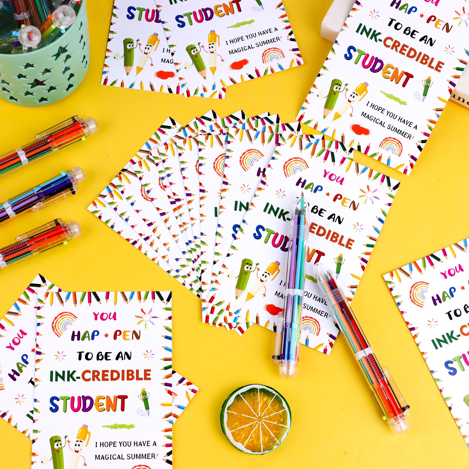 72 Pcs End of Year School Gifts 6 in 1 Multicolor Ballpoint Pen Cards from Teacher Include Multicolor Retractable Ballpoint Pens Greeting Cards for Home Office learners Graduation Party Supplies