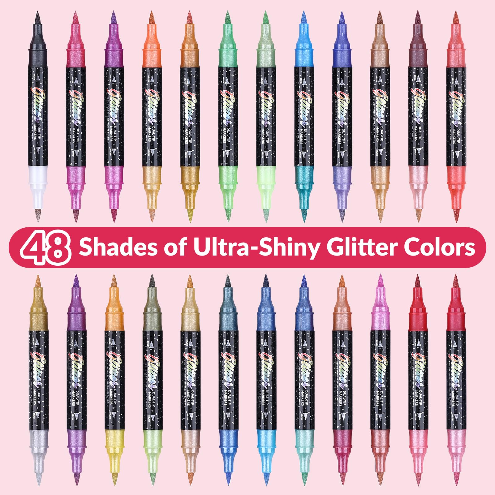 KEMYR Glitter Brush Markers Pens,48 Colors Dual Tip Glitter Pens Set 24 Pack Metallic Sparkle Markers for Cards, DIY Crafts, Doodle, Writing, Adults Coloring Books, Art Supplies Scrapbooking