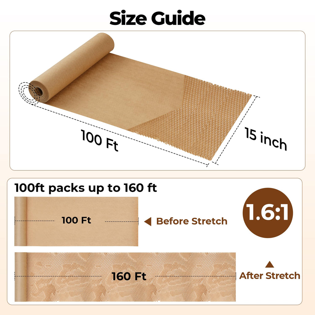 Tera Honeycomb Packing Paper Eco-friendly: 15"x100' Recyclable Cushioning Wrap for packaging Moving Supplies Shipping Boxes Gift Wrapping Paper Alternative to Bubble Wrap with 20 Fragile Sticker